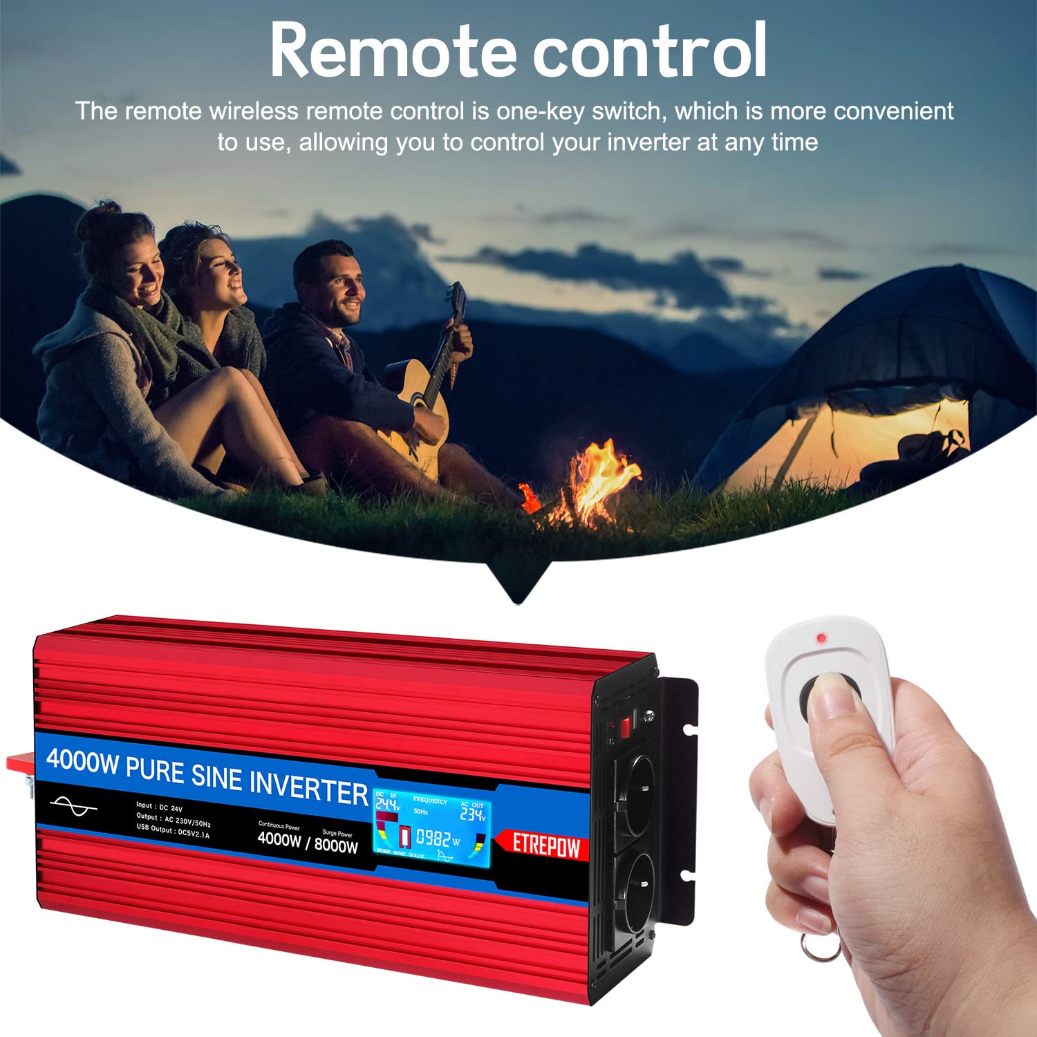 4000w Inversor 24v 220v Onda Pura | Convertidor de Voltaje con 2 enchufes EU y USB, Mando a Distancia inalámbrico, Sistemas solares, caravanas, Coches, Camping
