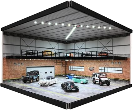 1/64 Diorama Showroom Garage Model, Tri-Color LED Parking Lot Scene Display, 2 Tier Diecast Model Cars Display Case, Dimmable Model Cars Storage, 164 Buildings, Display Box C