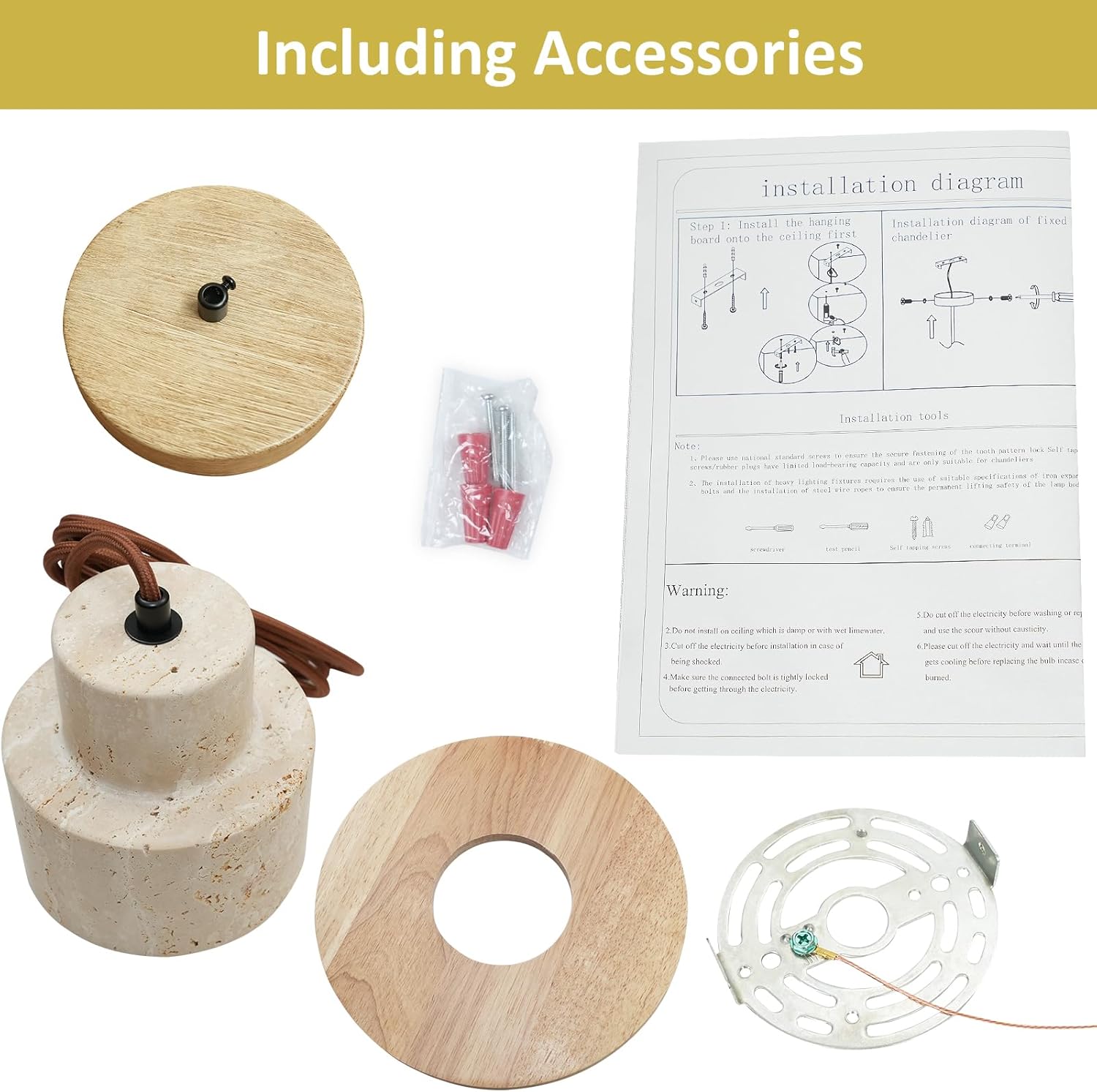 Nordic Pendant Light Natural Yellow Travertine Lamp Simple Wabi Sabi Lamp Suitable for Restaurant Bedside Kitchen Island Cafe Wood Pendant Light (Wood Color)