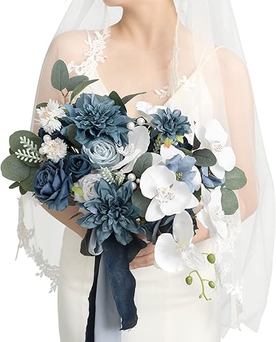 Ling's Moment Ramo de novia azul marino, ramos de boda de 11 pulgadas para novia, ramos de novia de forma libre de seda para boda, ceremonia,