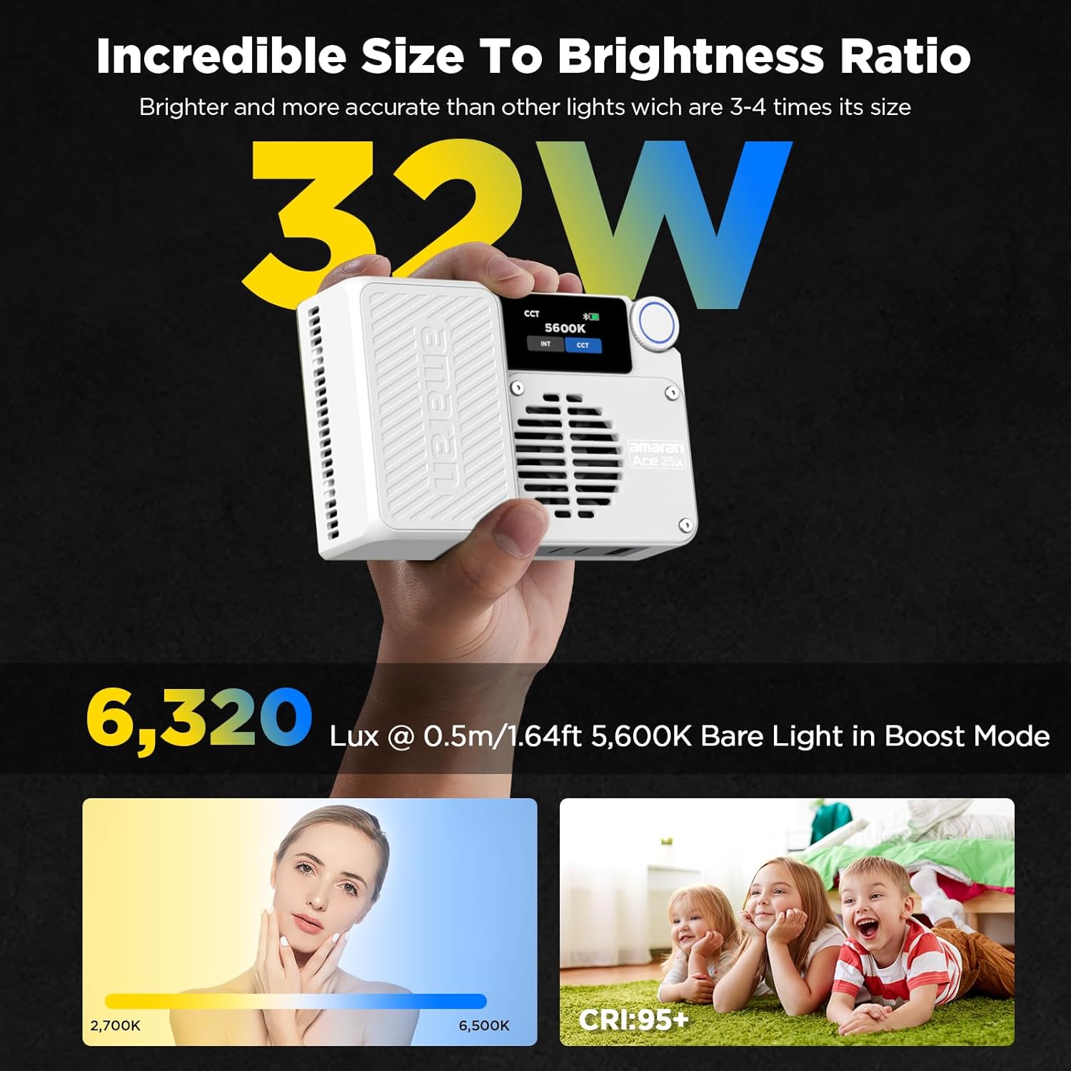 Amaran Ace 25x Kit, Pocket Bi-Color LED Light: Boost Mode Up to 32W, Bi-Color Mini Video Light (2,700-6,500K), 1,636 Lux@1m, 4,500mAh Battery with PD Fast Charging for Mobile Creators (White)