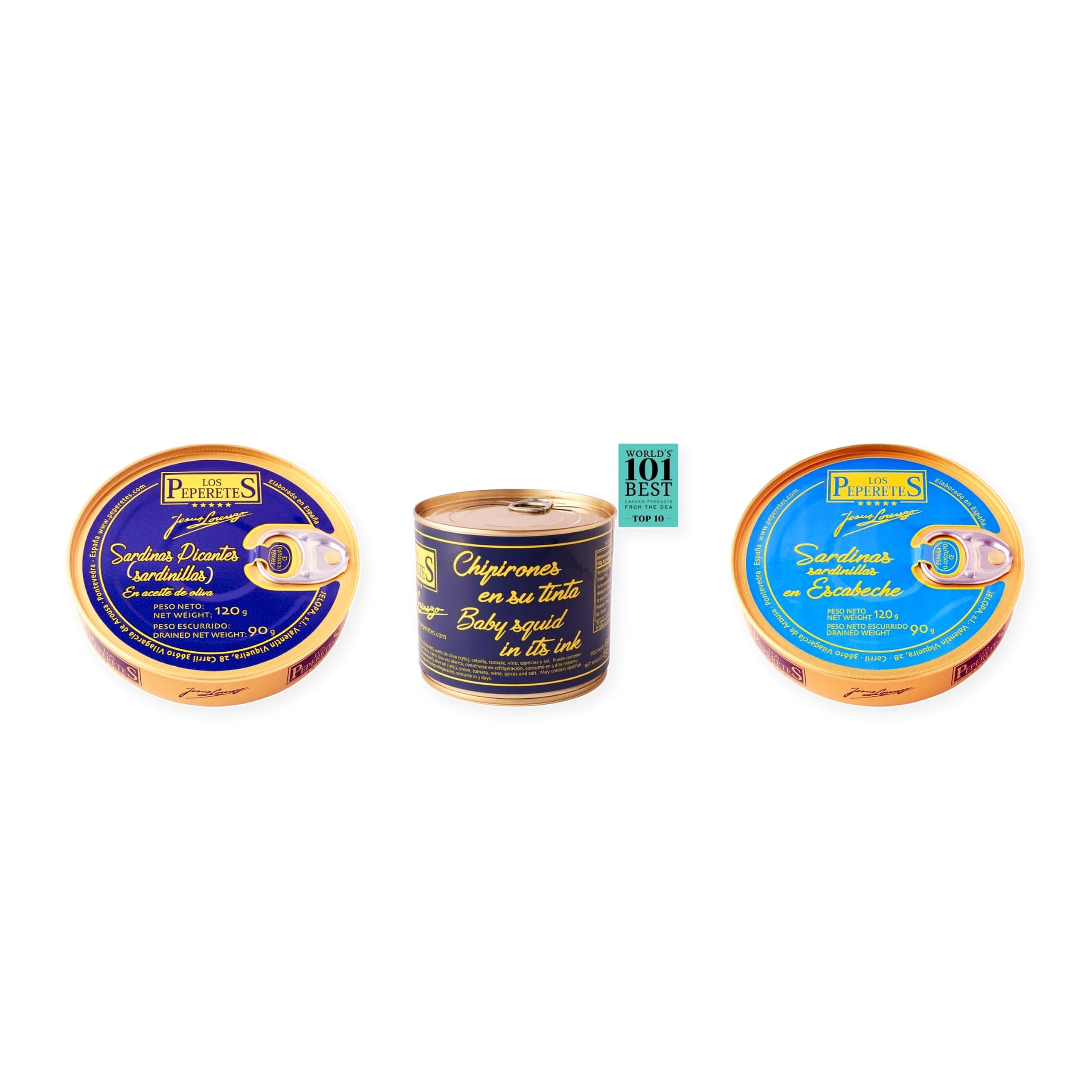 los peperetes conservas Sardinillas Picantes, Chipirones Tinta 460g y Sardinillas Escabeche pack 3 latas