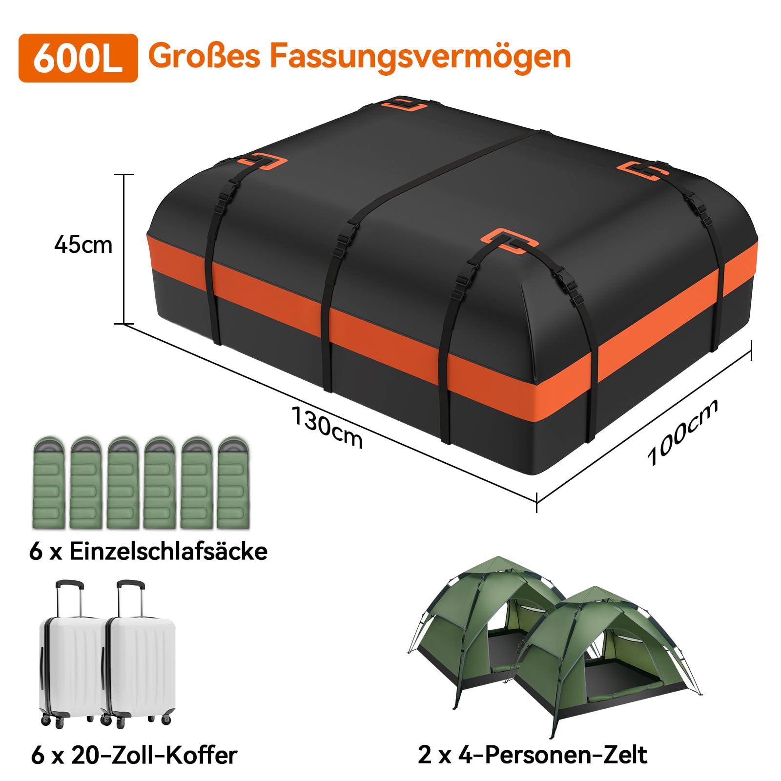 ZealWe Dachbox Auto 21 kubikfuß, Faltbare Dachtasche Dachkoffer Dachboxen Aufbewahrungsbox, Wasserdicht Dachgepäckträger Gepäckbox für Fahrzeuge mit/ohne Gepäckträger Gepäcktransport Vans, SUVs,Orange