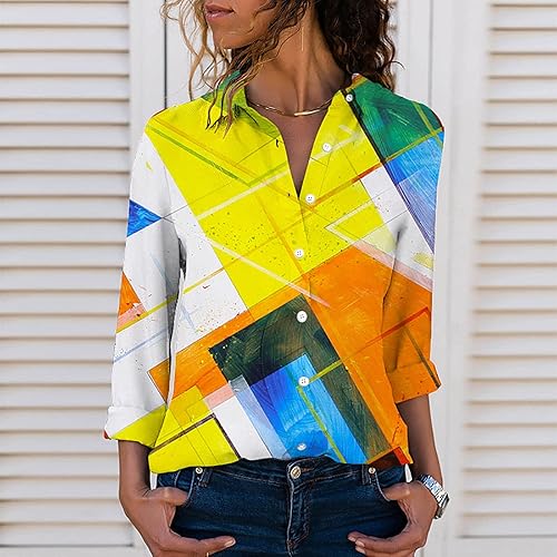 Miniatura 2 de Blusas elegantes para mujer, 2022, con estampado geométrico, de manga larga, con solapa, con botones, divertida, holgada, casual, para el otoño