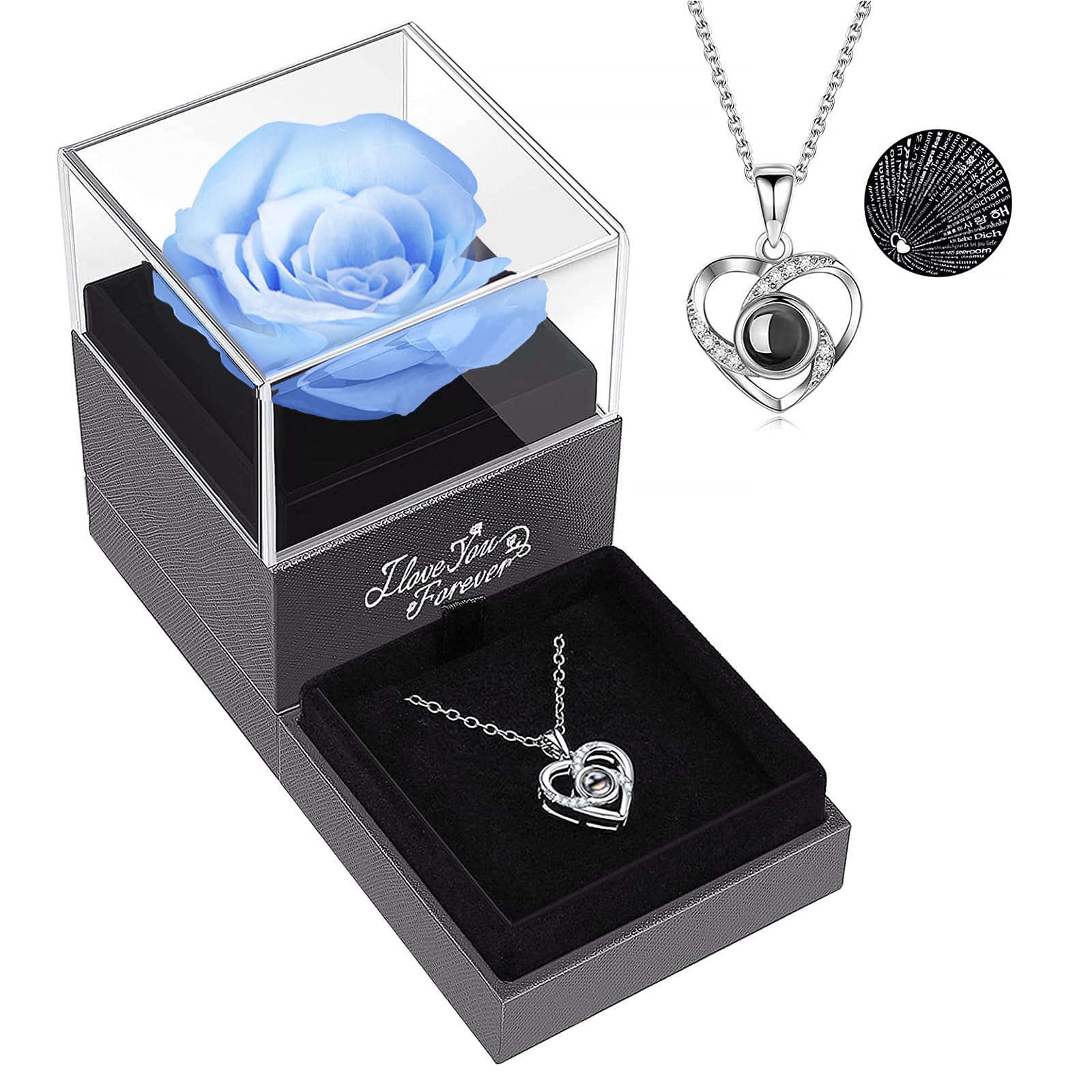 ASELFADChristmas Flowers Gifts, Preserved Flowers Real Roses with I Love You Necklace -Romantic Gifts for Her on Christmas Mothers Day Valentines Day Anniversary Birthday Gifts for Women