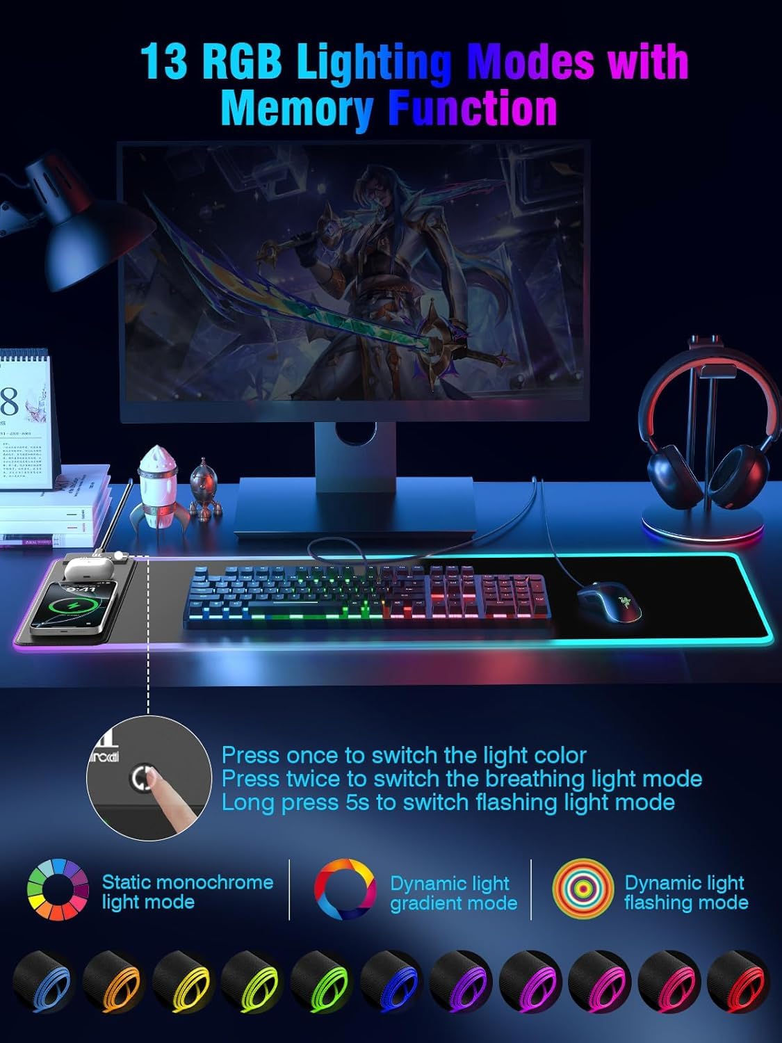 Tappetino per mouse con ricarica wireless magnetica, grande protezione da scrivania, tappetino per mouse nero RGB con caricabatterie rapido da 15 W, spessore 4 mm, antiscivolo, tappetino da scrittura