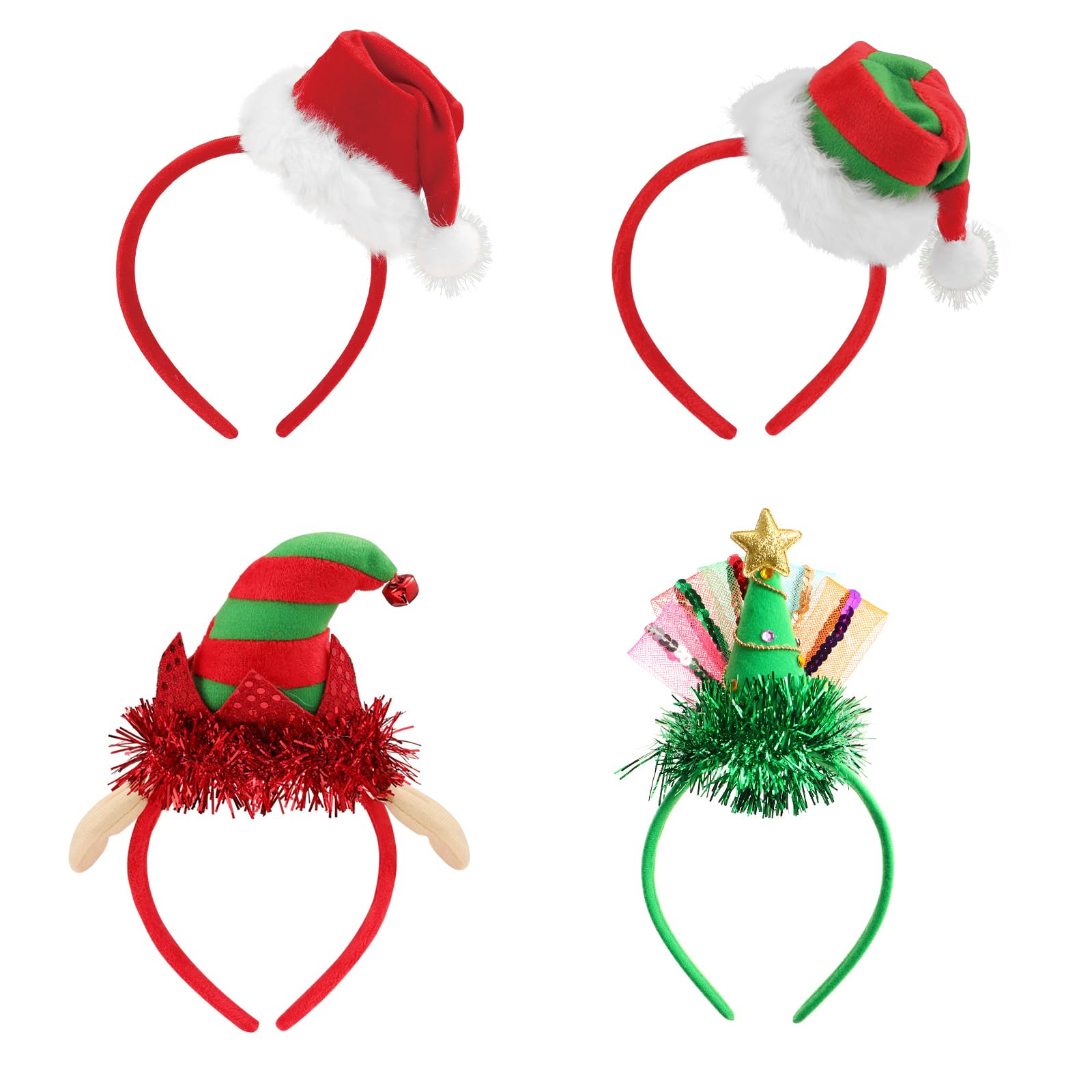 FRCOLOR Christmas Headbands Santa Hat Hair Hoop Holiday Headpieces for Women Kids Adults Christmas Party Favors Hair Accessories-4Pcs