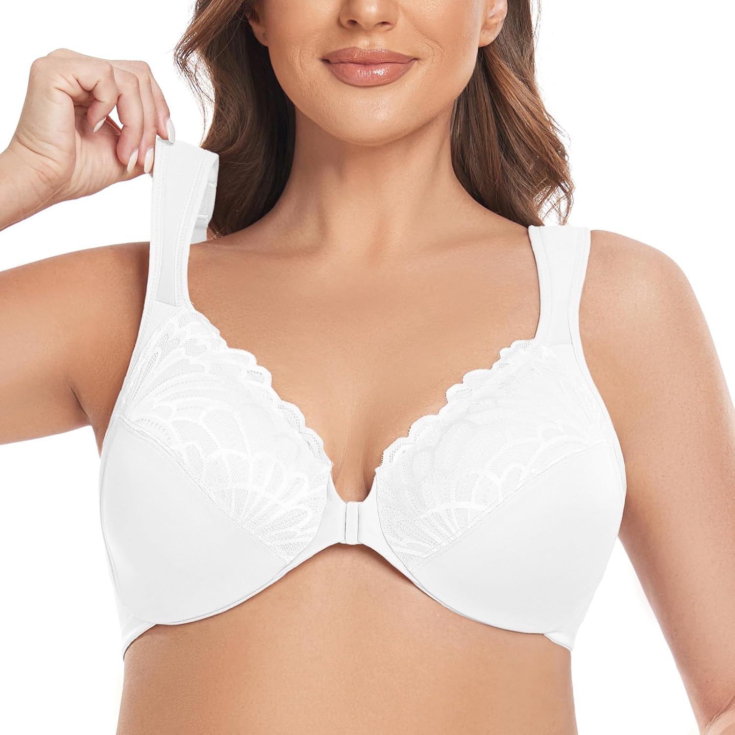 Women's Full Figure Seamless Underwire Unlined Lace Front Closure Bra