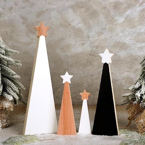Treory Árbol de Navidad de madera de Navidad, 4 adornos de mesa de árbol de Navidad de madera para decoración de Navidad, decoraciones de Navidad
