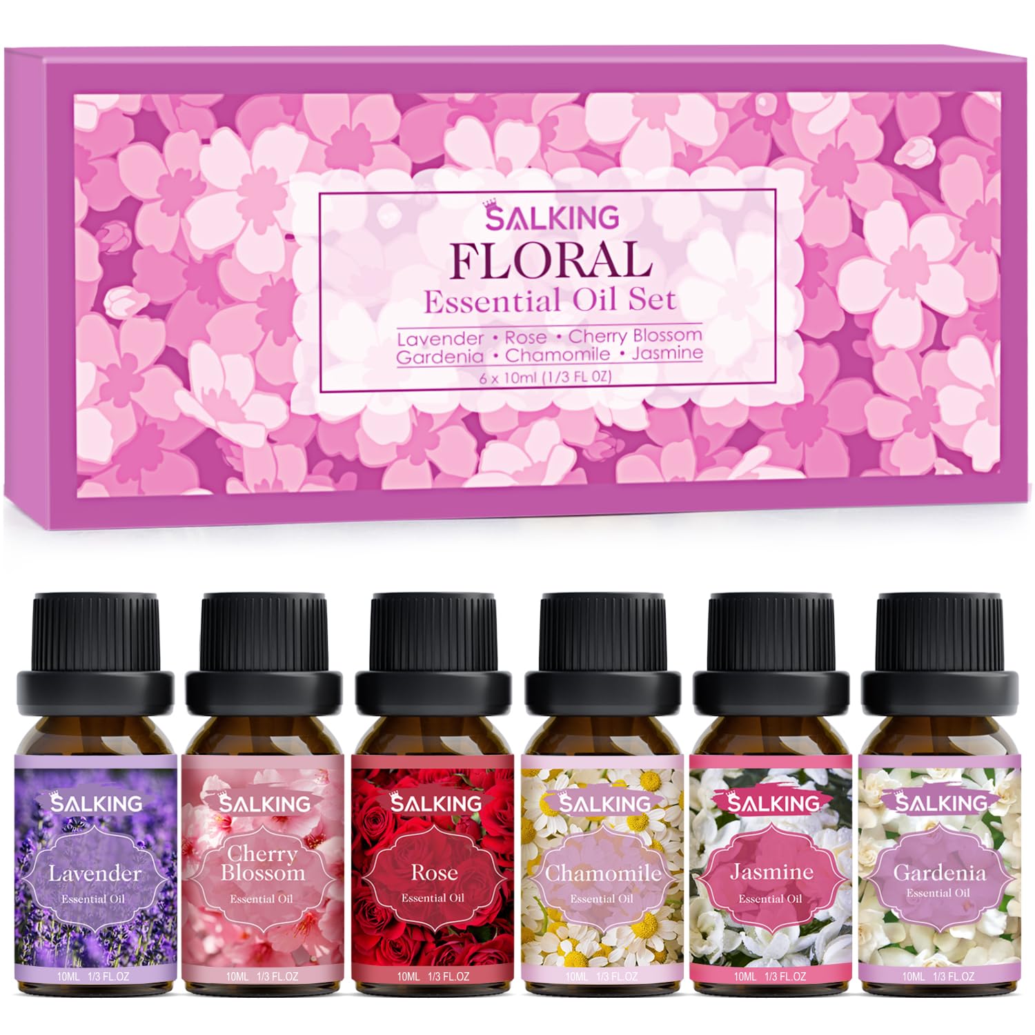 SALKING Essential Oils Set, 100% Pure Fragrance Oil AromatherapyGift, Premium Scented Oils for Diffusers 6 x 10 ML - Lavender, Rose, Jasmine, Cherry Blossom, Gardenia, Chamomile, Pink