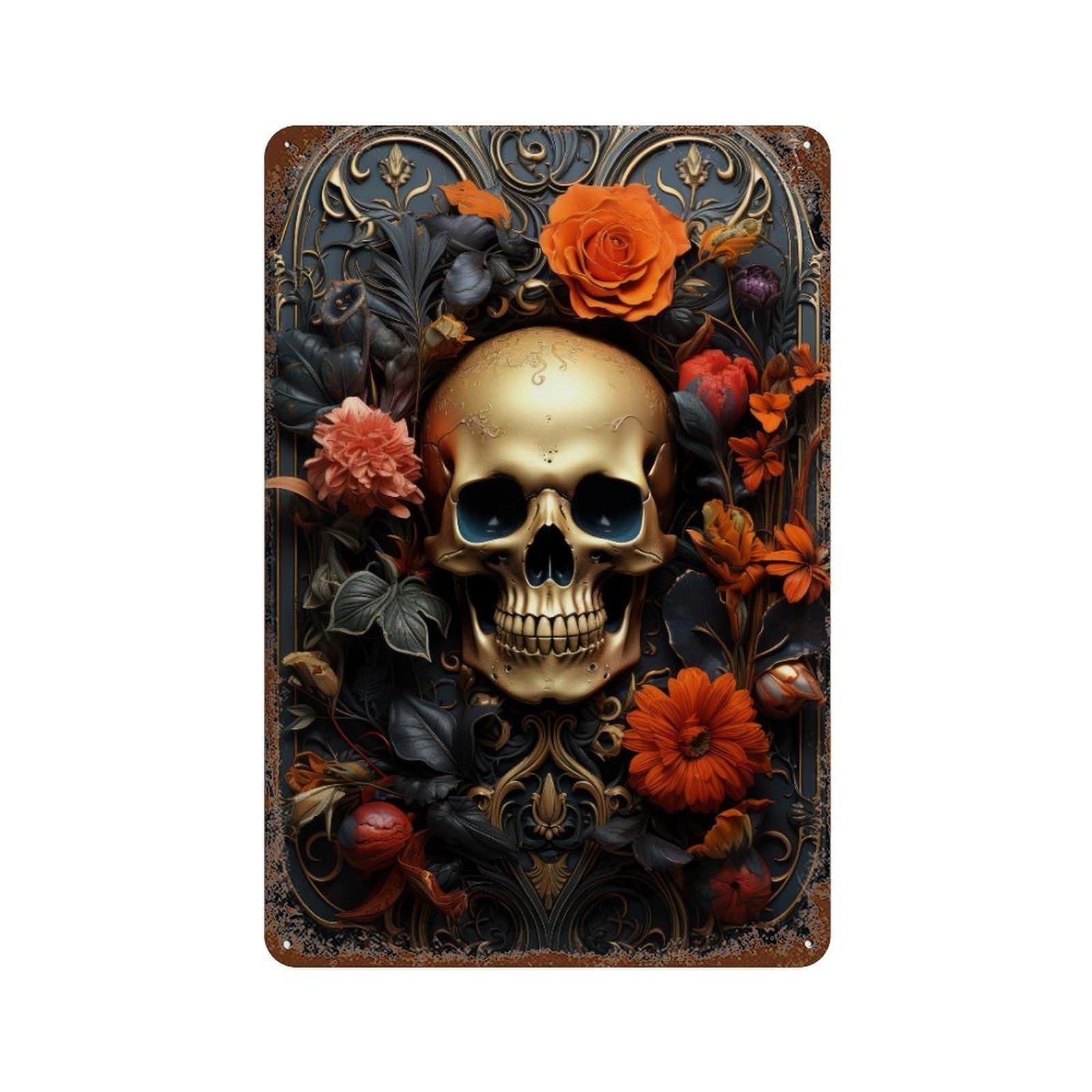 Golden Skull with Flowers Art Print Aged Metal Wall Plaque 11.8"x7.9", for Garage, Bar And Workshop Decor, Farmhouse Wall Decor