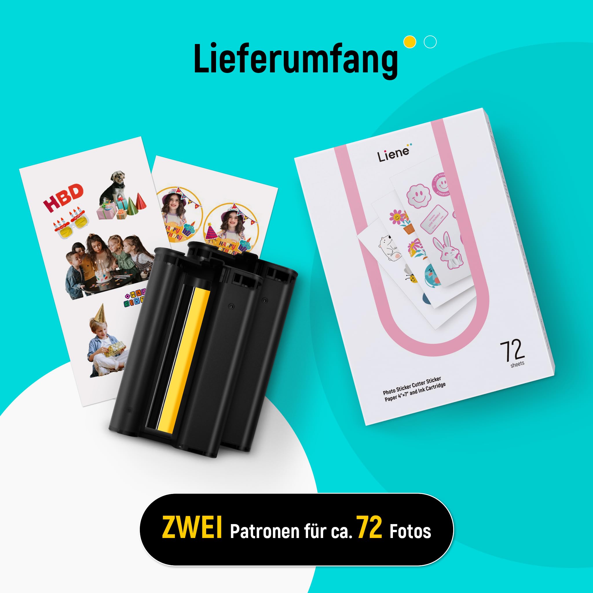 Liene Stickerpapier & Patronen (Stärkere Haftung) – 2 Tintenpatronen + 72 Blatt 10x18 cm Fotopapier, wasserfest mit Thermo-Dye-Sublimation, kompatibel mit Liene PixCut S1