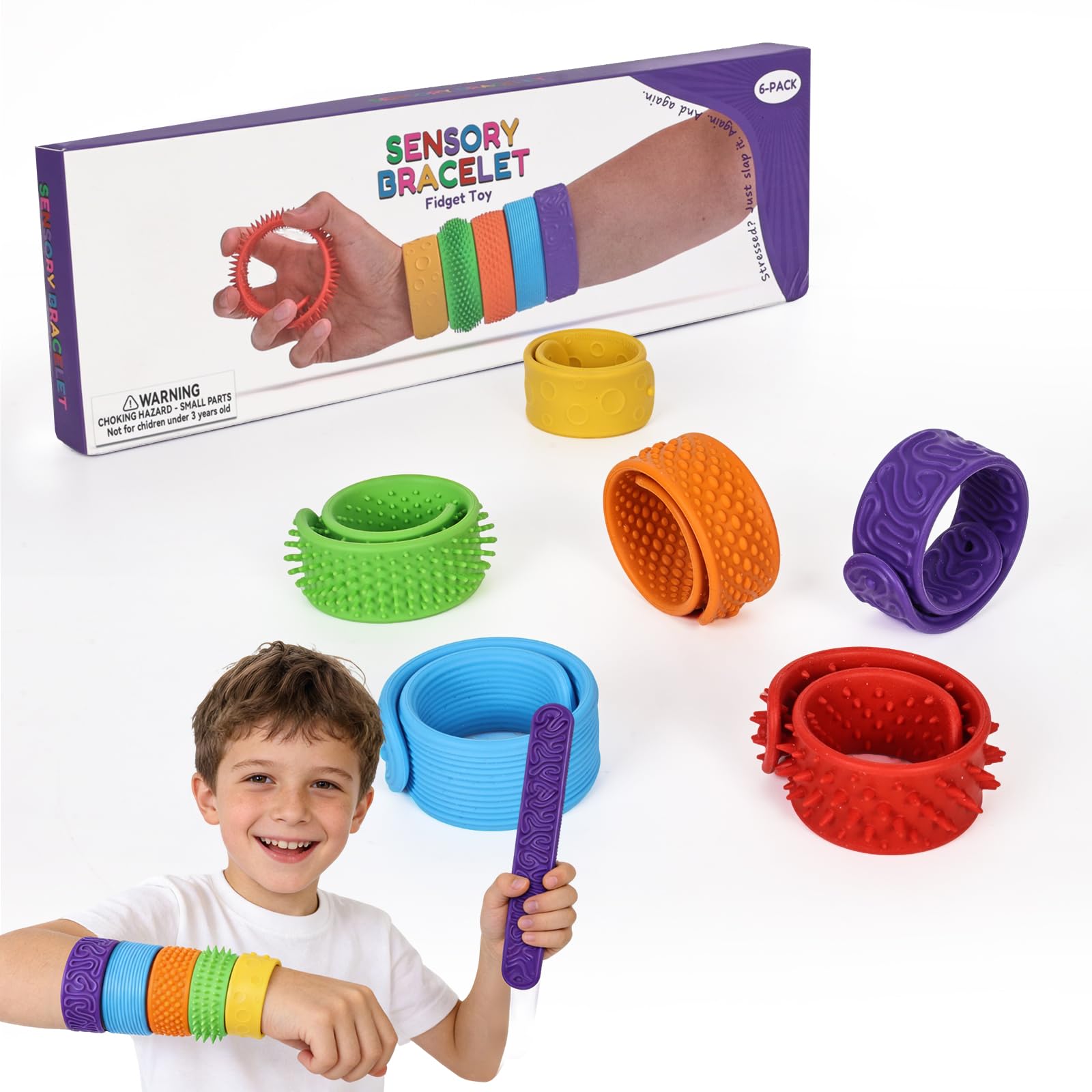6 Pcs Sensory Toys for Autism Slap Bracelets, Textured Fidget Bracelet for Kids Teens Adults, Stress Relief Anxiety Aid, Classroom Rewards, Christmas Stocking Fillers & Birthday Gifts