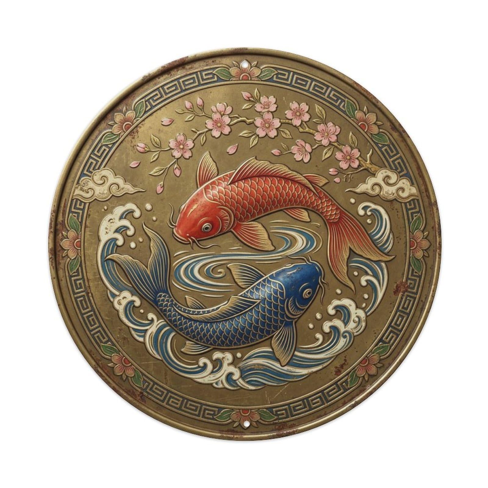 Circle Harmony Livingroom Koi Fish Metal Tin Sign Plaque Wall Decor for Cafe, Club Bar, Office, Home Garden Round Metal Poster 8x8Inch