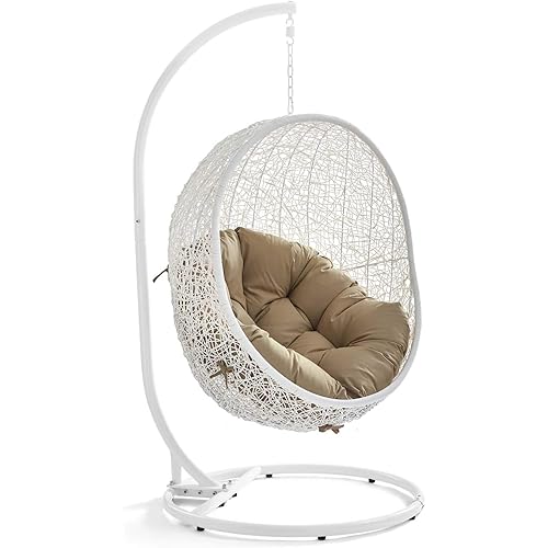 Modway Hide Wicker Rattan Outdoor Patio Porch Lounge Egg Swing Chair Set with Stand in White Mocha