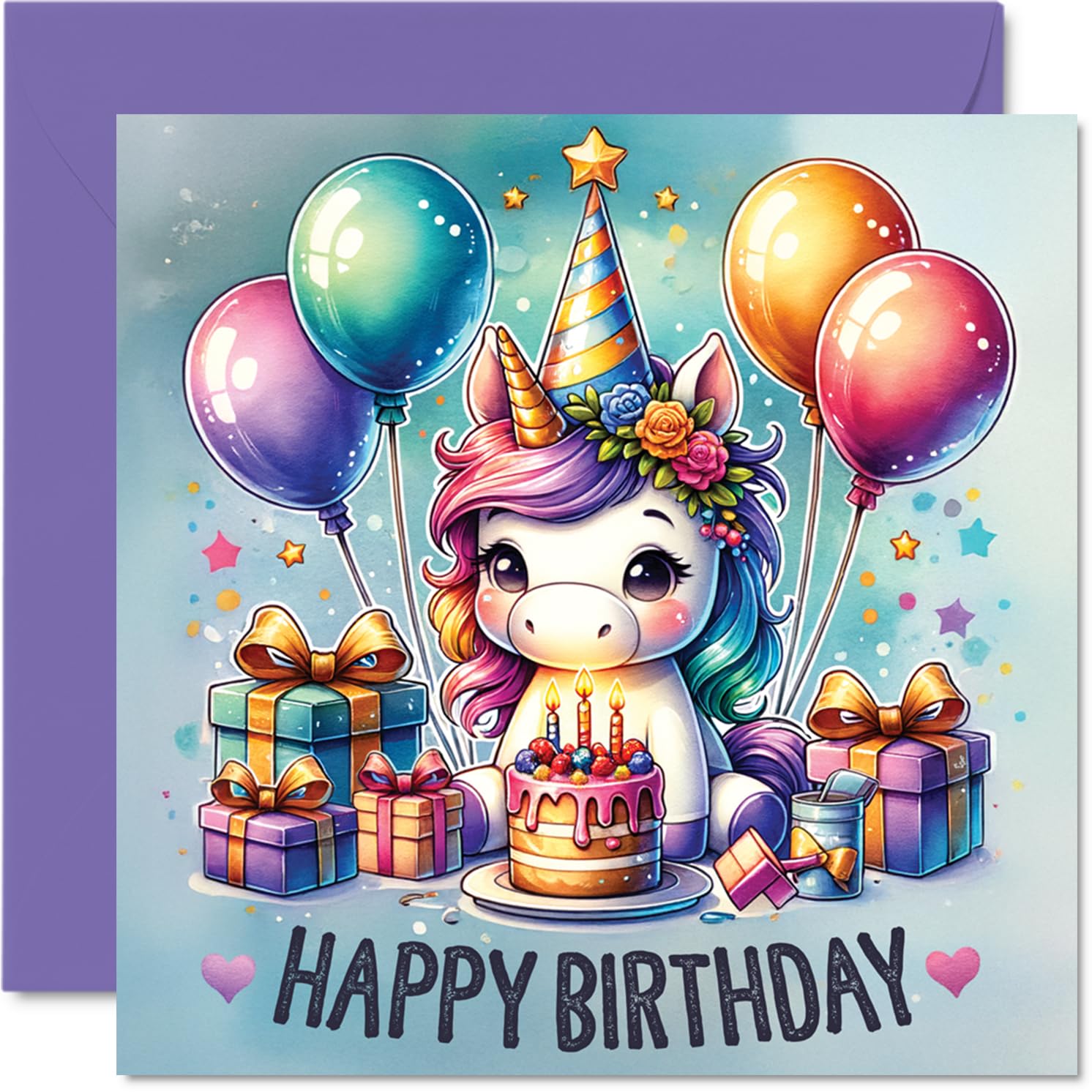 Birthday Card for Girls - Unicorn Balloons - Happy Birthday Card for Step Daughter Goddaughter Sister Cousin, 145mm Female Greeting Cards