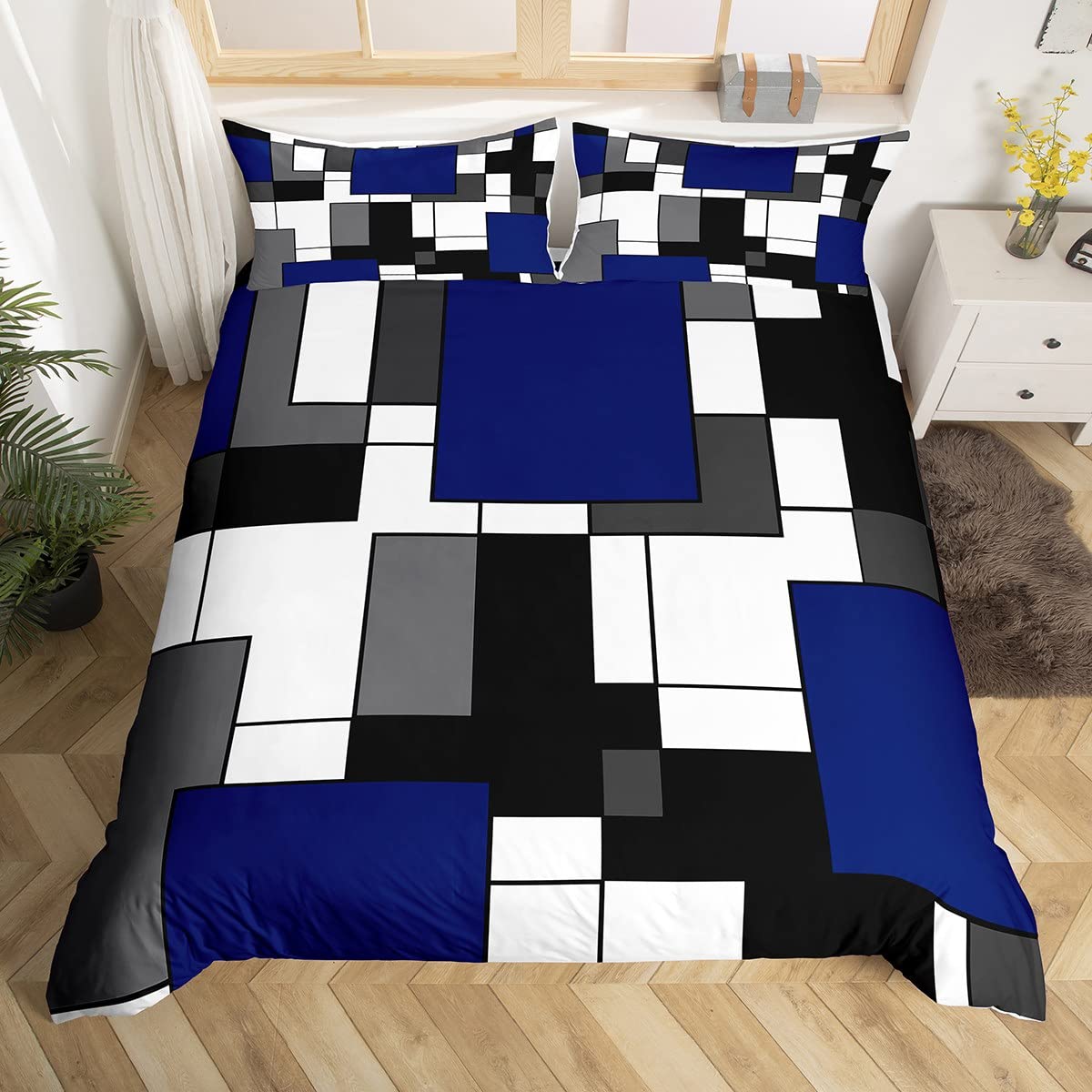 Housse de couette bleu roi super king et taies à motif géométrique