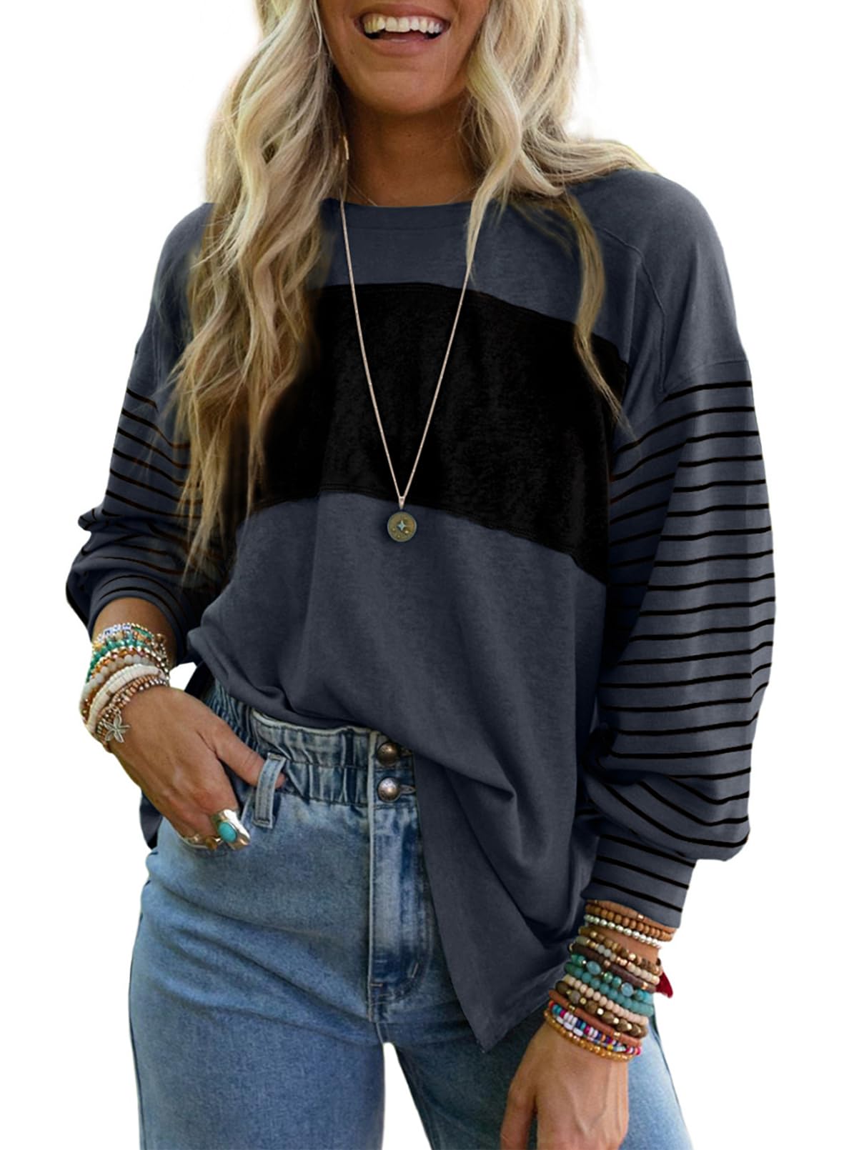 Long Sleeve Tops Oversized 2025 Trendy Round Crew Neck Casual Color Block Womens Shirts Blouses