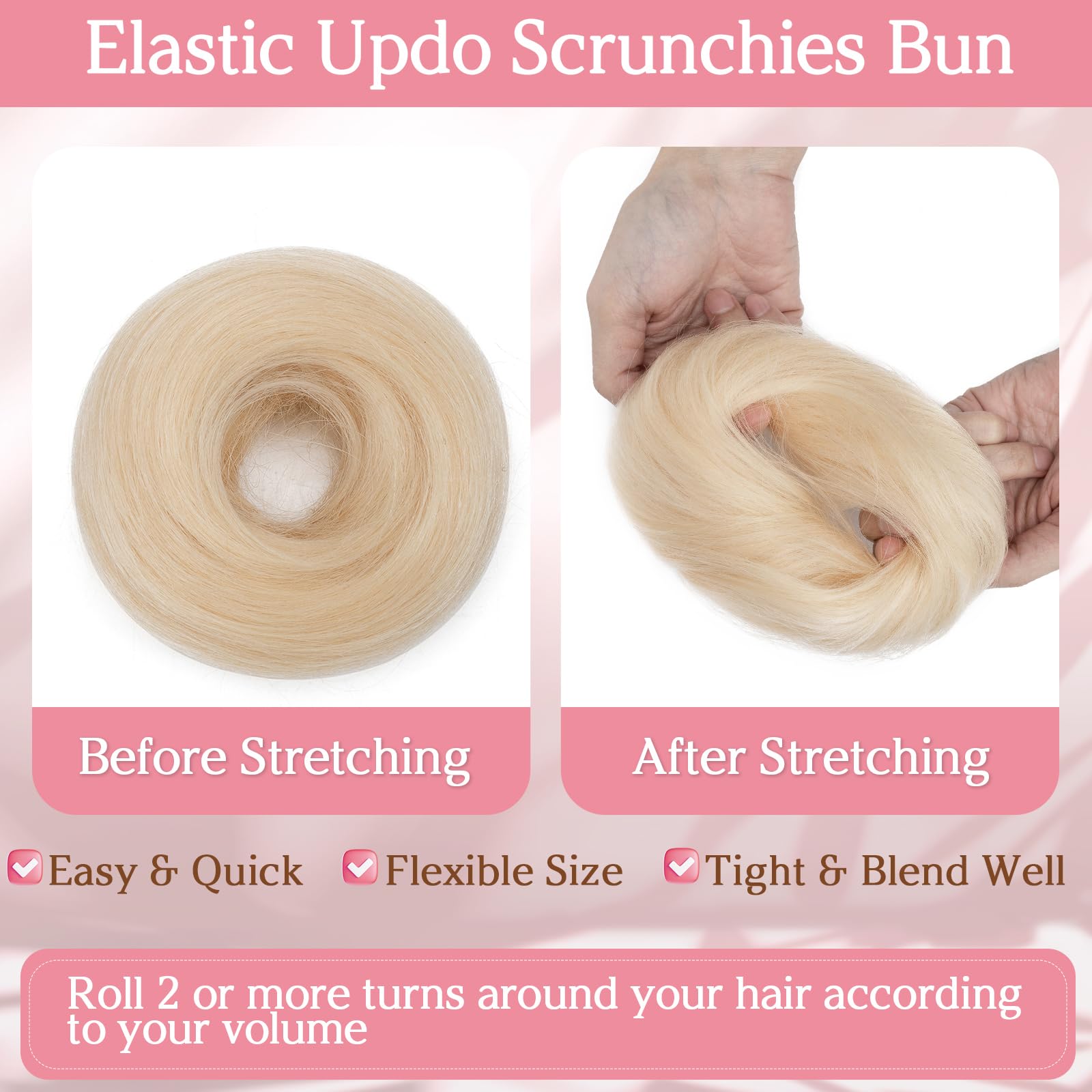 Benehair Messy Bun Scrunchie Real Hair Human #60 Platinum Blonde Straight Hair Bun Scrunchy Piece Ponytail Extension Elastic Band Scrunchies Donut 25g - Image 4