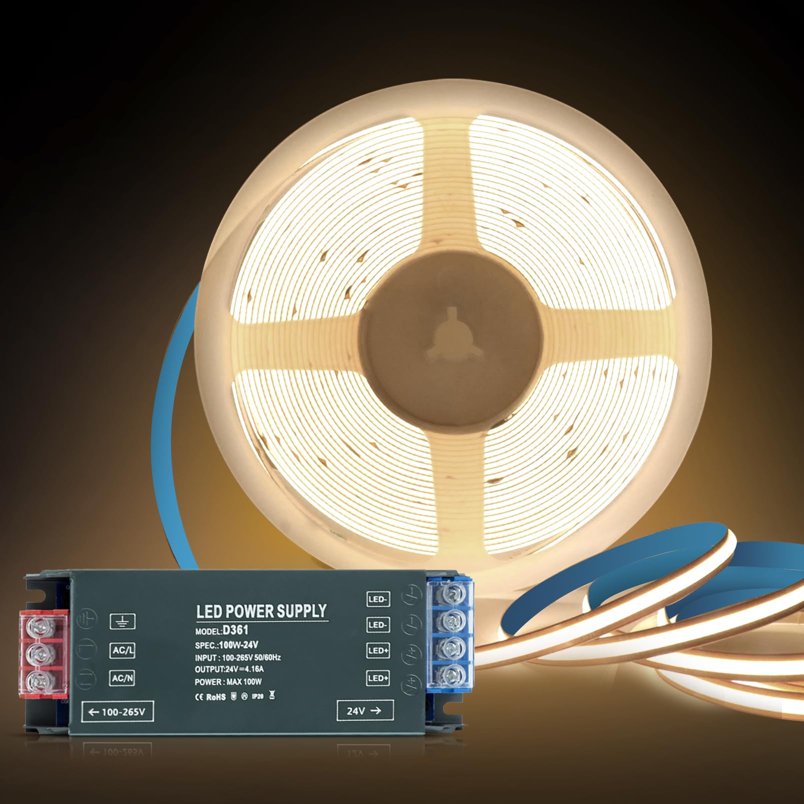 KSIBNW 24V COB LED Strip Lights 5M, Natural White 4000K LED Strips Kit 8mm Width Tape Lights Flexible CRI90+ Uniform Dotless with 24V Power Supply 100W Transformer for Cabinet Kitchen Mirror