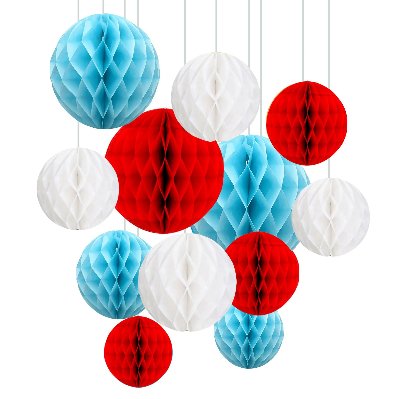ZYOOO 12pcs Paper Honeycomb Balls, 15/25cm Tissue Paper Hanging Balls for Birthday Wedding Sport Party Decorations(Red Light-blue White)