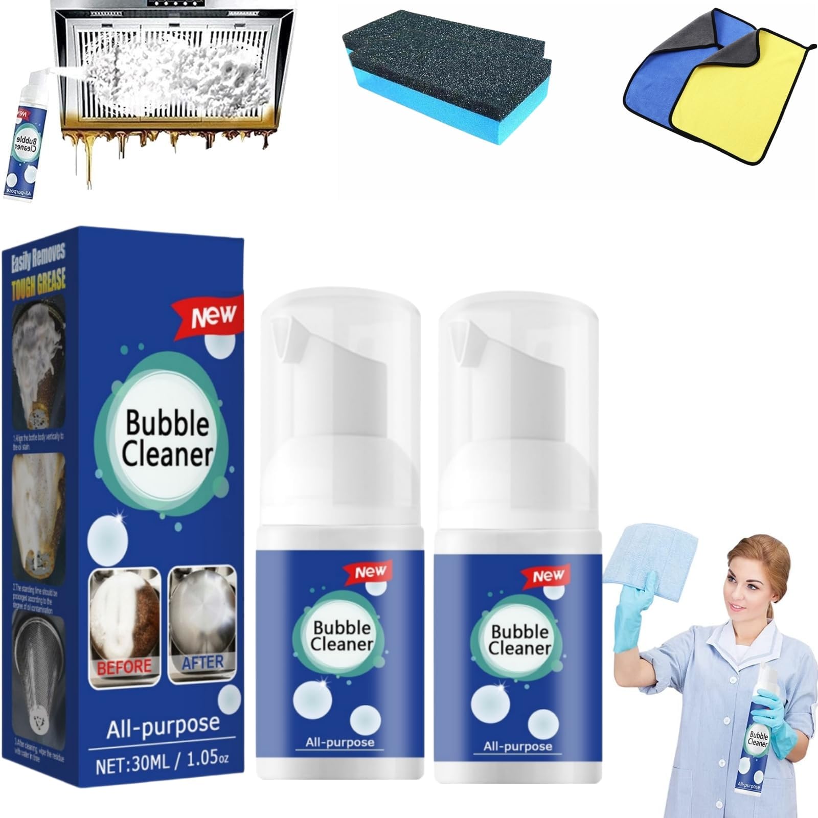 Bubble Cleaner, Bubble Power Cleaner, Bubble Cleaner Foam Spray, All Purpose Rinse Cleaning Foam, Powerful Stain Removing Foam Cleaner, All Purpose Powerful Stain Removal Kit (30ml * 2)