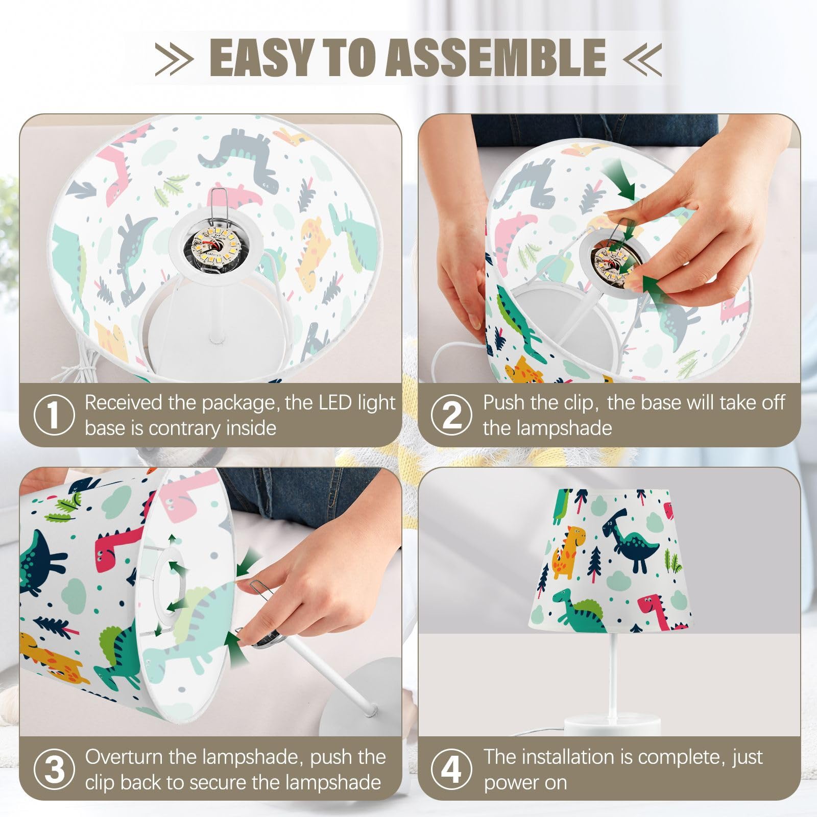 Mnsruu Lámpara de mesita de noche con diseño de dinosaurio infantil, bombillas LED, lámpara de escritorio, pantallas de tela para dormitorio, sala de estar, tamaño mediano