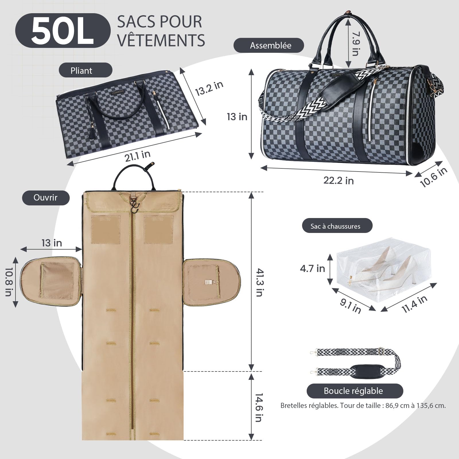 Sac porte-vêtements convertible 50 L, 2 en 1, poche chaussures imperméable, système anti-plis, idéal pour voyages travail et vacances (noir)