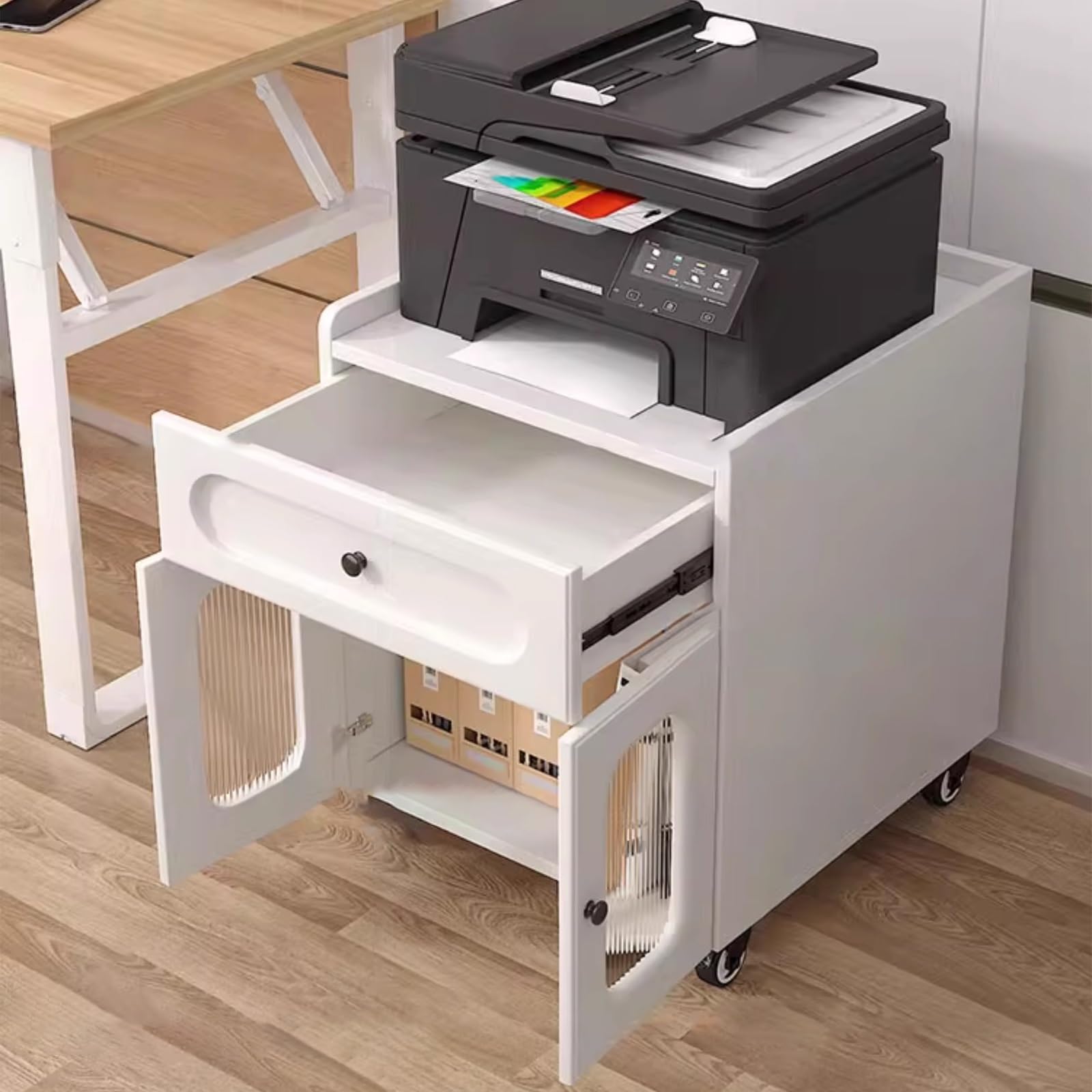 Mesa Impresora Ruedas Tablero Grueso Cajonera Armario de Oficina Multifuncional Encimera Ancha Organizador para Carpetas Documentos Salón(Black,60 * 60 * 58cm)