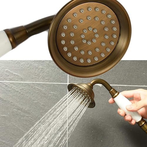 Miniatura 3 de ENGA Rociador de lluvia de mano vintage con forma de teléfono de cerámica con manguera de 59 pulgadas para baño (bronce retro)