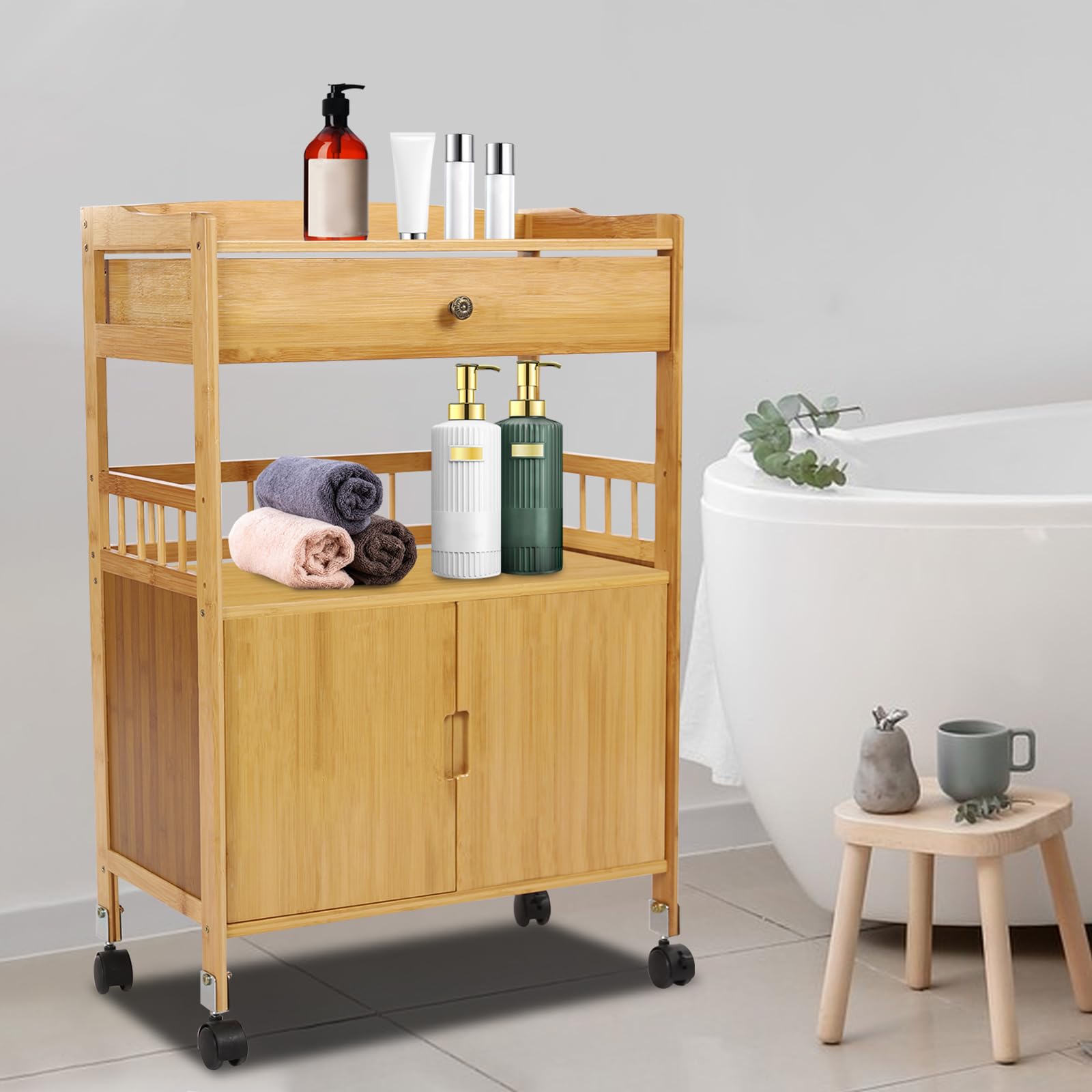 Carro de bambú con 4 ruedas, compartimento para armario, cesta, cajones, puerta de armario, carrito de cocina, carrito de servicio, carrito de baño, para almacenamiento, microondas, especias,