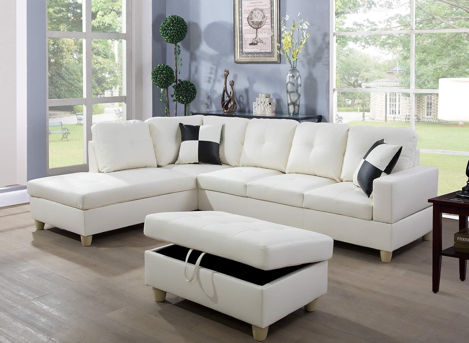 A Ainehome 3 PCS Living Room Set, Sectional Sofa Set, L-Shape Couch in Home, with Storage Ottoman and Matching Pillows (Cream White,Left Hand Facing)