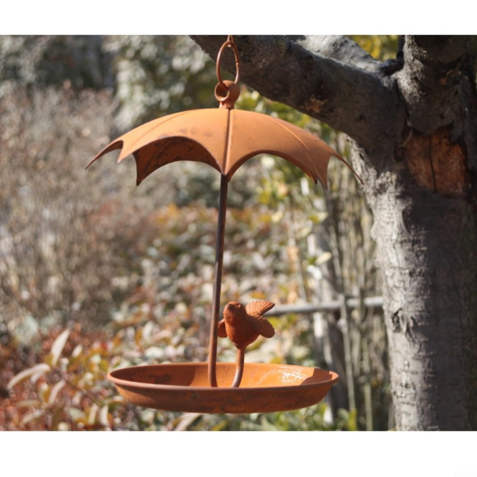Mangiatoia per uccelli in metallo rustico, da appendere, decorazione da giardino, effetto ruggine, resistente alle intemperie, con gancio, per uccelli selvatici