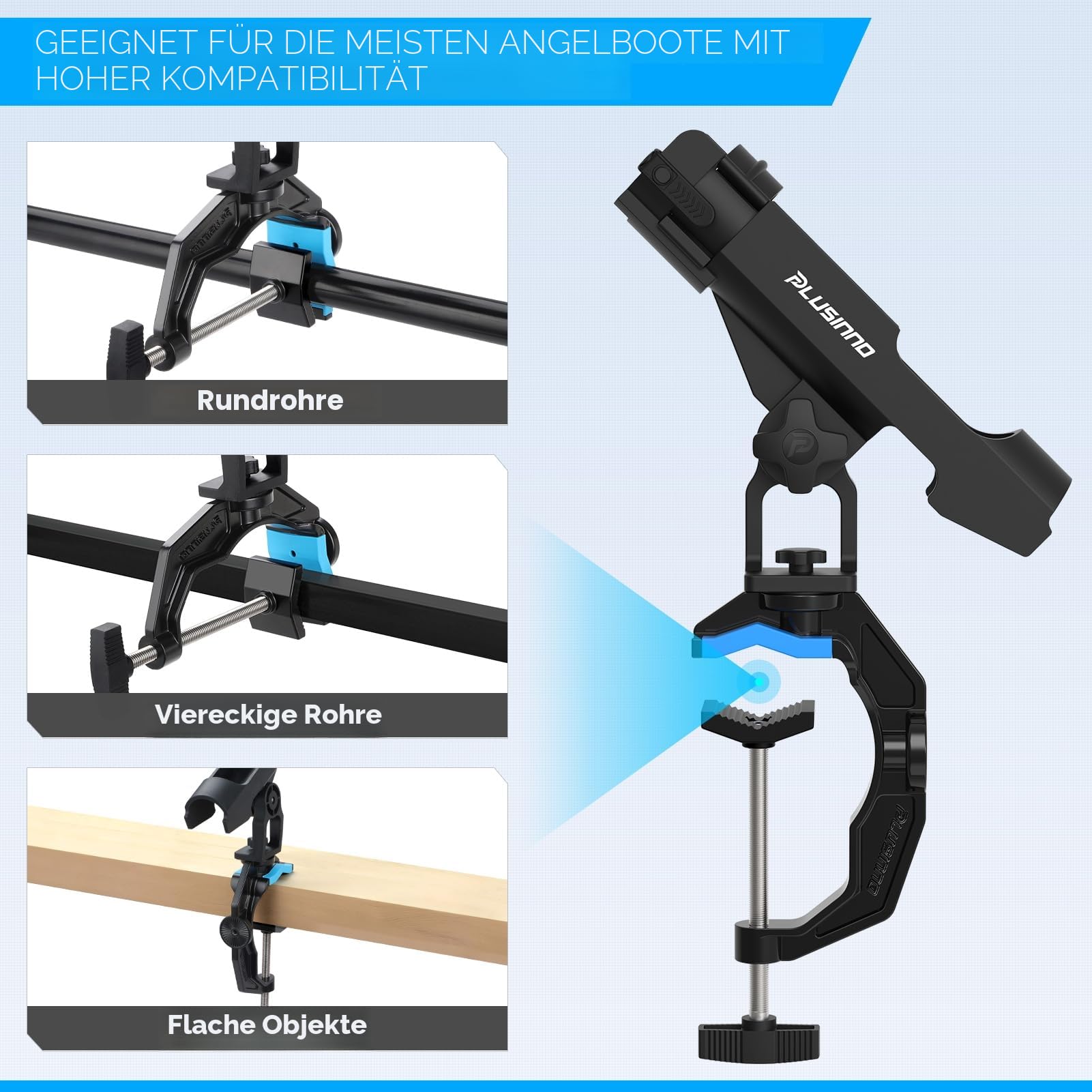 PLUSINNO Angelrutenhalter für Boote, mit vergrößerter Klemme, innovatives doppeltes V-Design, passend für runde und quadratische Bootsrohre, Angelzubehör, Angelgeschenk für Herren, 1/2/4er-Pack