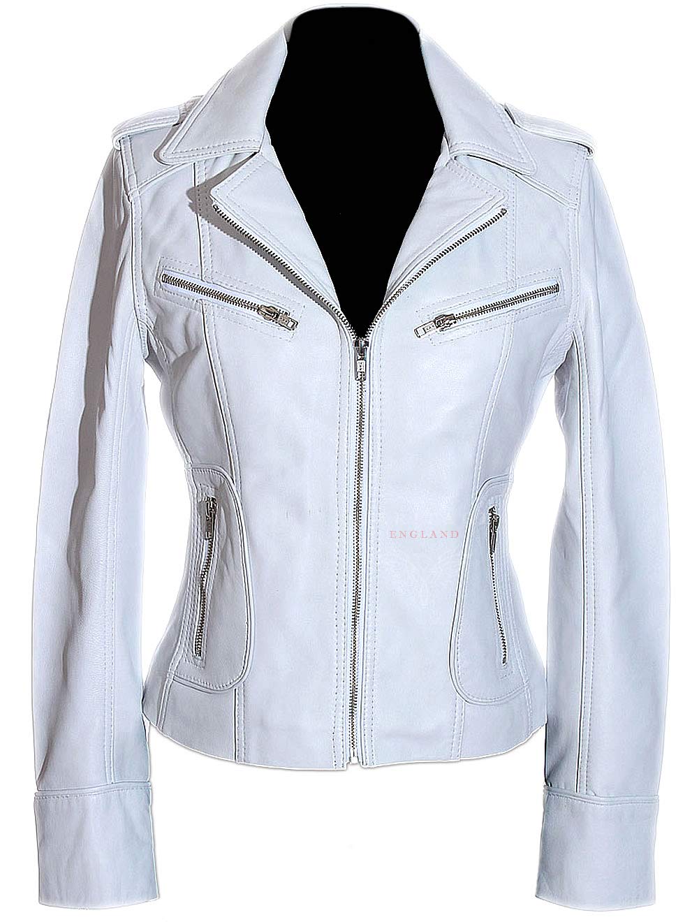 H.e Women's White Rachel Biker Style Smart Retro Designer Real Soft Washed Lambskin Leather Short Fashion Jacket (Sizes: 8 To 22 Available) (Size: 14)