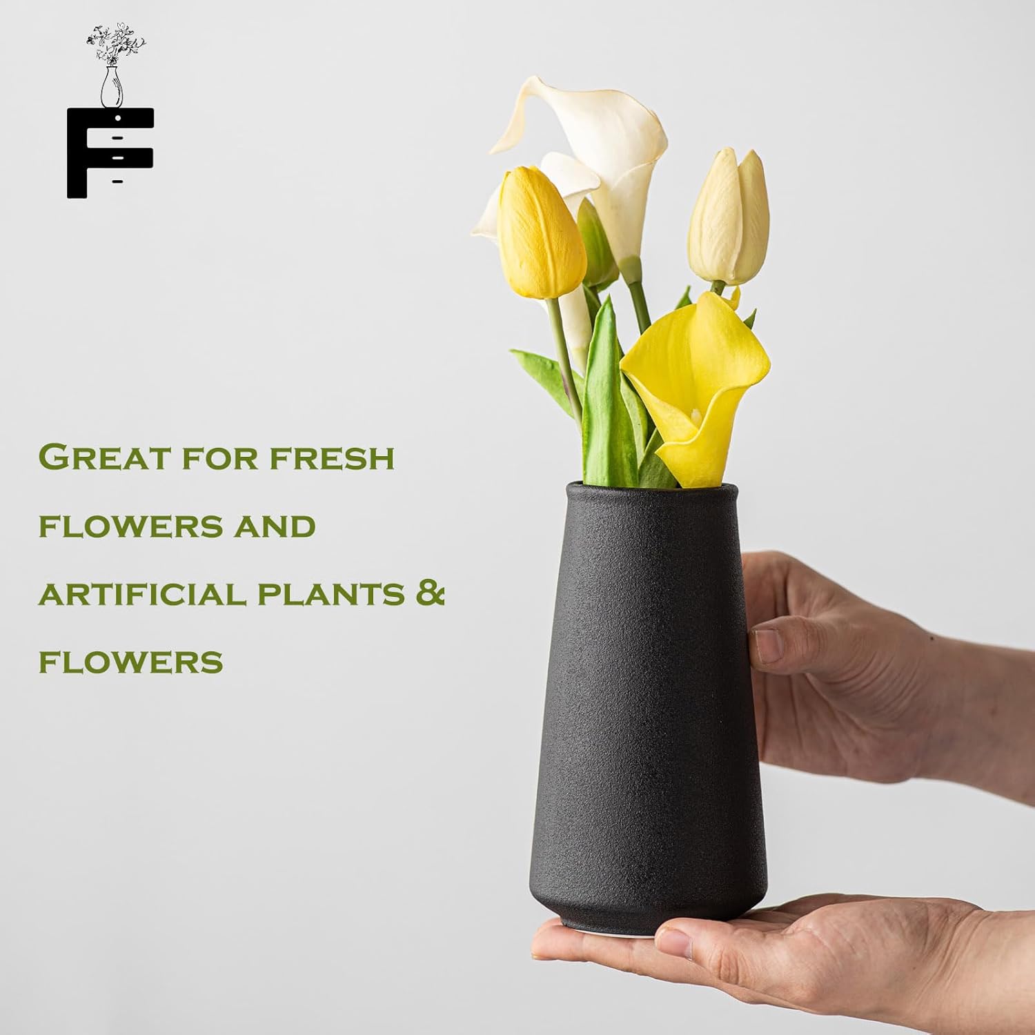 Black Vase Set of 2 - Matte Black Flower vase for Centerpieces, Small Big Boho Ceramic Vases for Home Decor, Fit for Flowers/Plants, Bathroom Decor
