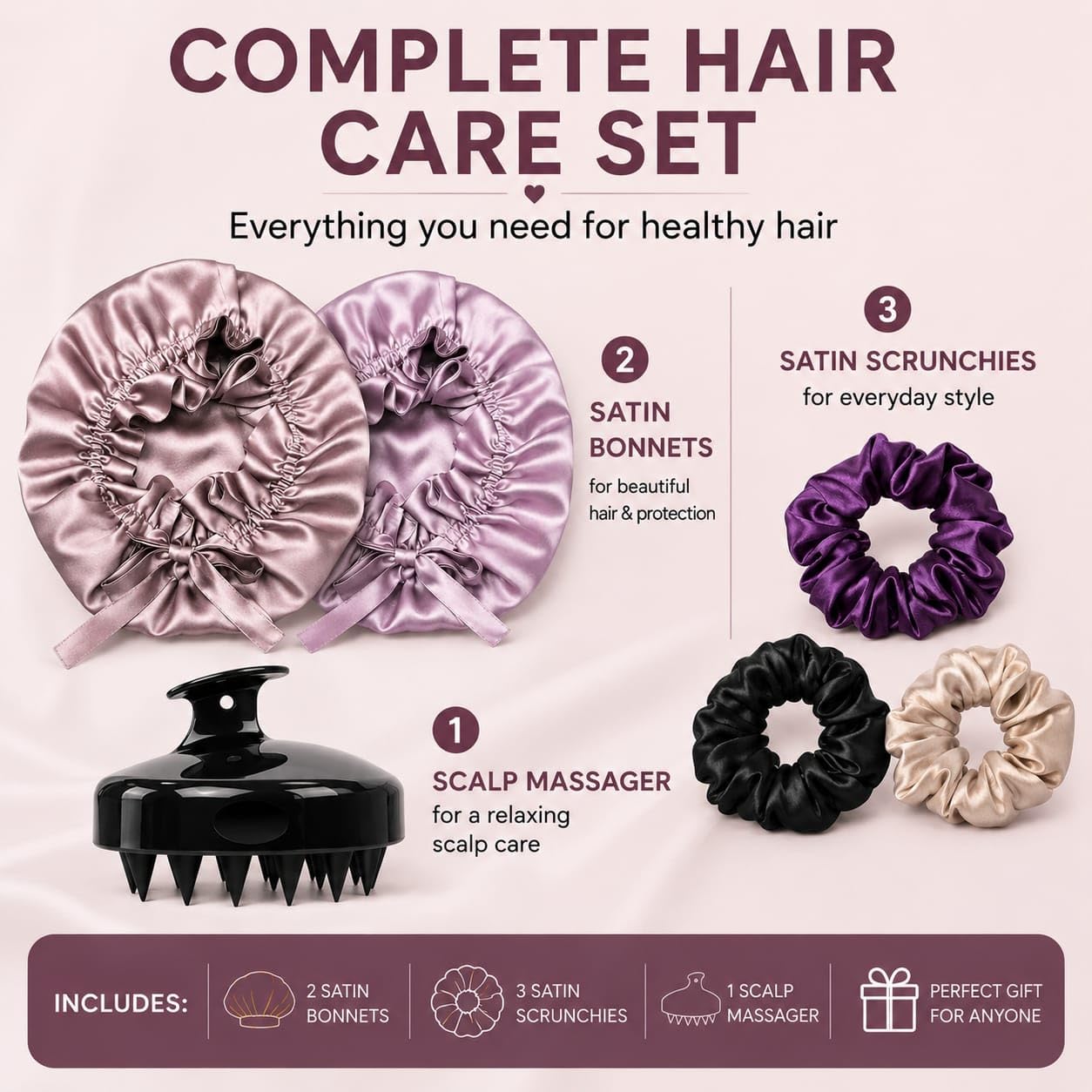 Attune® Silk Satin Reversible Hair Bonnet with Adjustable Tie Band Satin Wrap with Hair Scalp Massager Shampoo Brush and Scrunchies (Green) 4