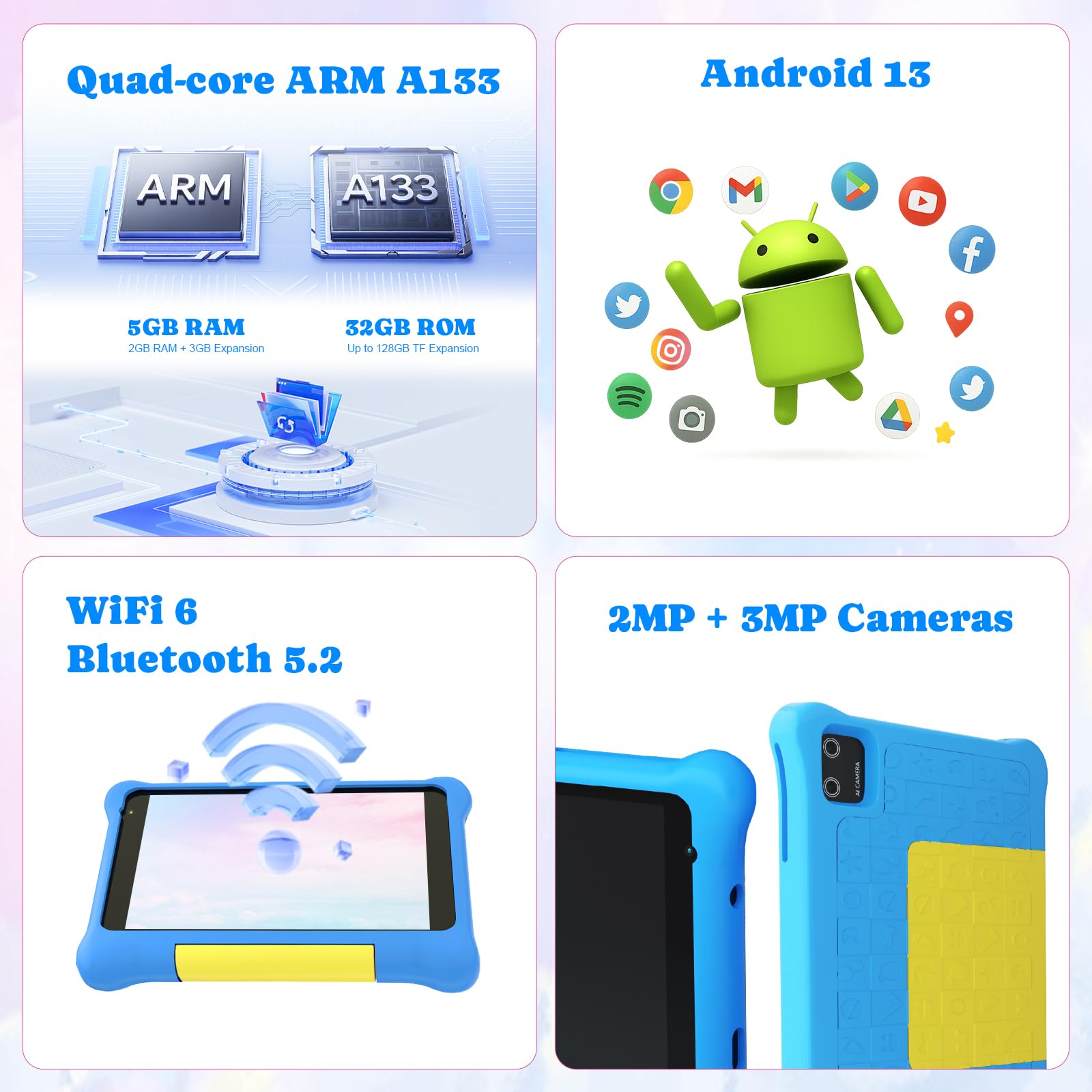 Tablette Enfants 7 Pouces Android 13 5GB RAM 32GB ROM TF 128GB Contrôle Parental WiFi Bluetooth Kid-Proof Étui Bleu