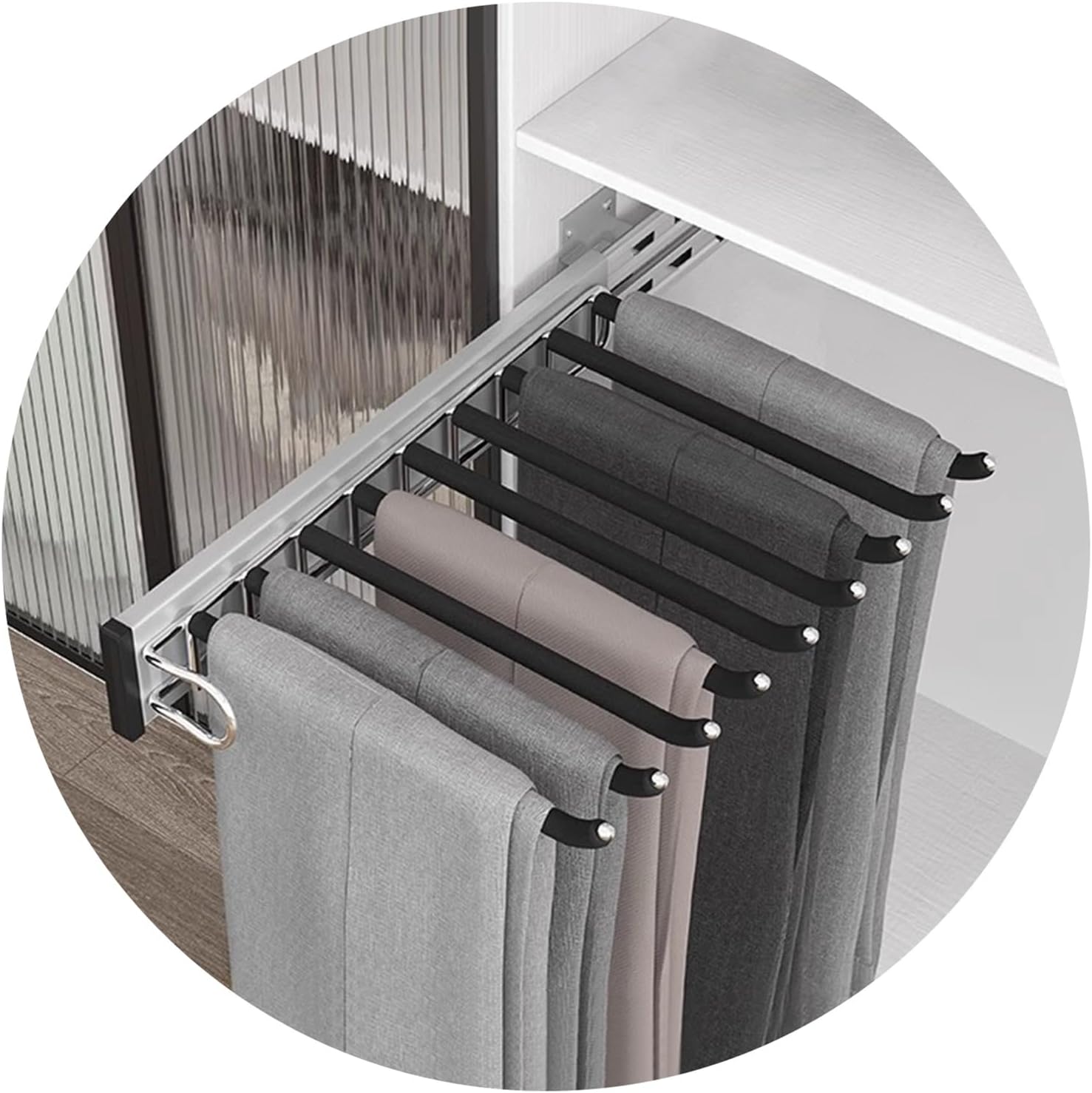 引き出し式パンツラック - スライドレール付きの伸縮式ズボン収納ハンガー、丈夫なスチール構造、省スペースのサイドマウントデザインでク