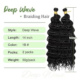 Eerya Long Curly Braiding Hair 14 Inch 2 Packs Burgundy Deep Ocean Wave Crochet Hair for Black Women Deep Wave Braiding Hair for Boho Braids14 inch, 1B