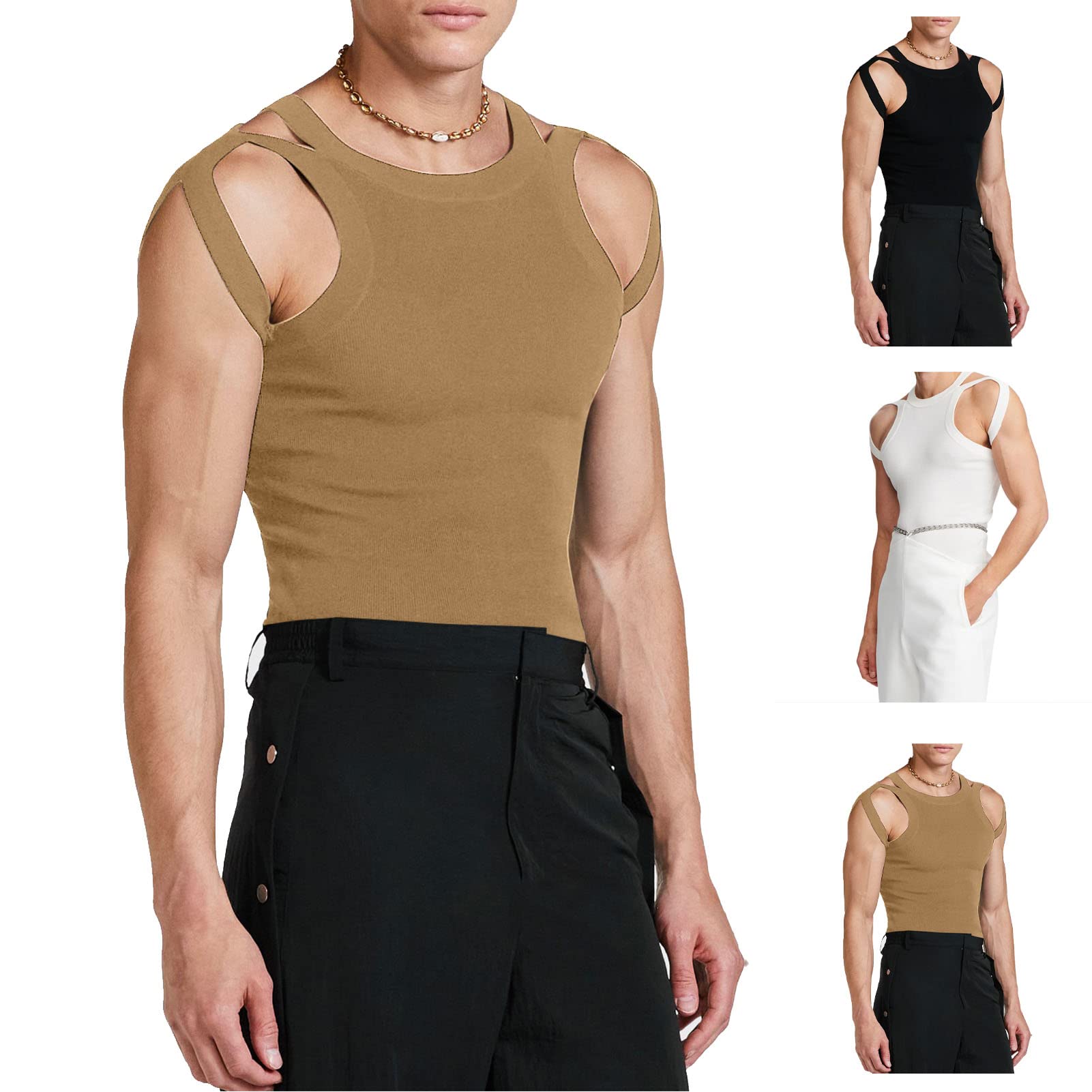 faig Slim Fit Tank Top, Men Knitted Vest Machine Wash Polyester Fabric No Deformation Solid Color Hollow Design for Daily Leisure (M) Brown-picture-35