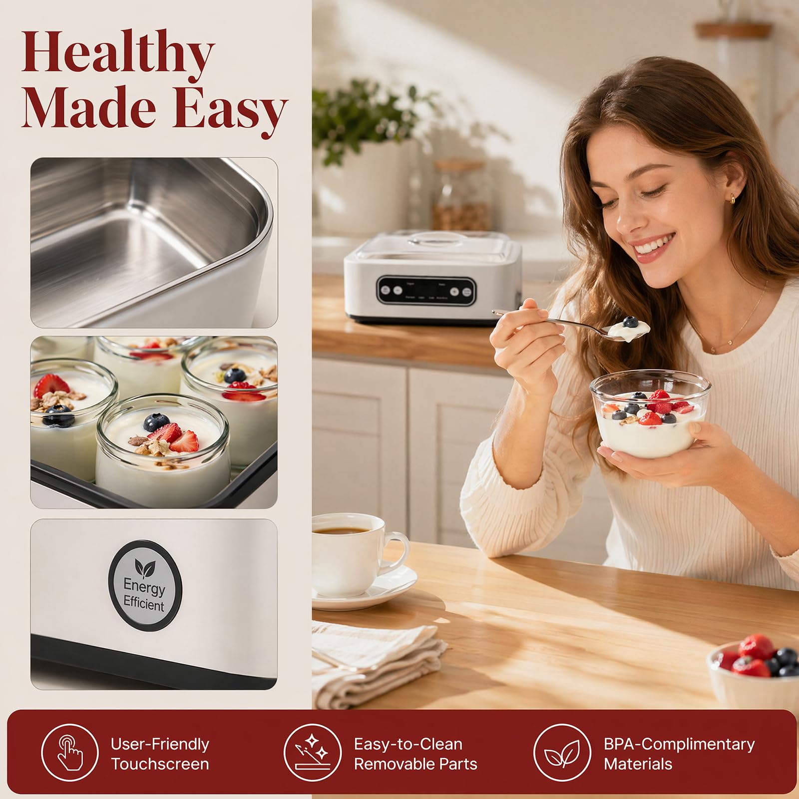 Yaourtière, 1.6 L Machine À Yaourt Avec 6 Pots En Verre De 100ml, Yaourtière Électrique Avec Écran Lcd, Thermostat Réglable Et Minuterie, Yaourtière Automatique Pour Yaourt Maison, Fromage Ou Natto