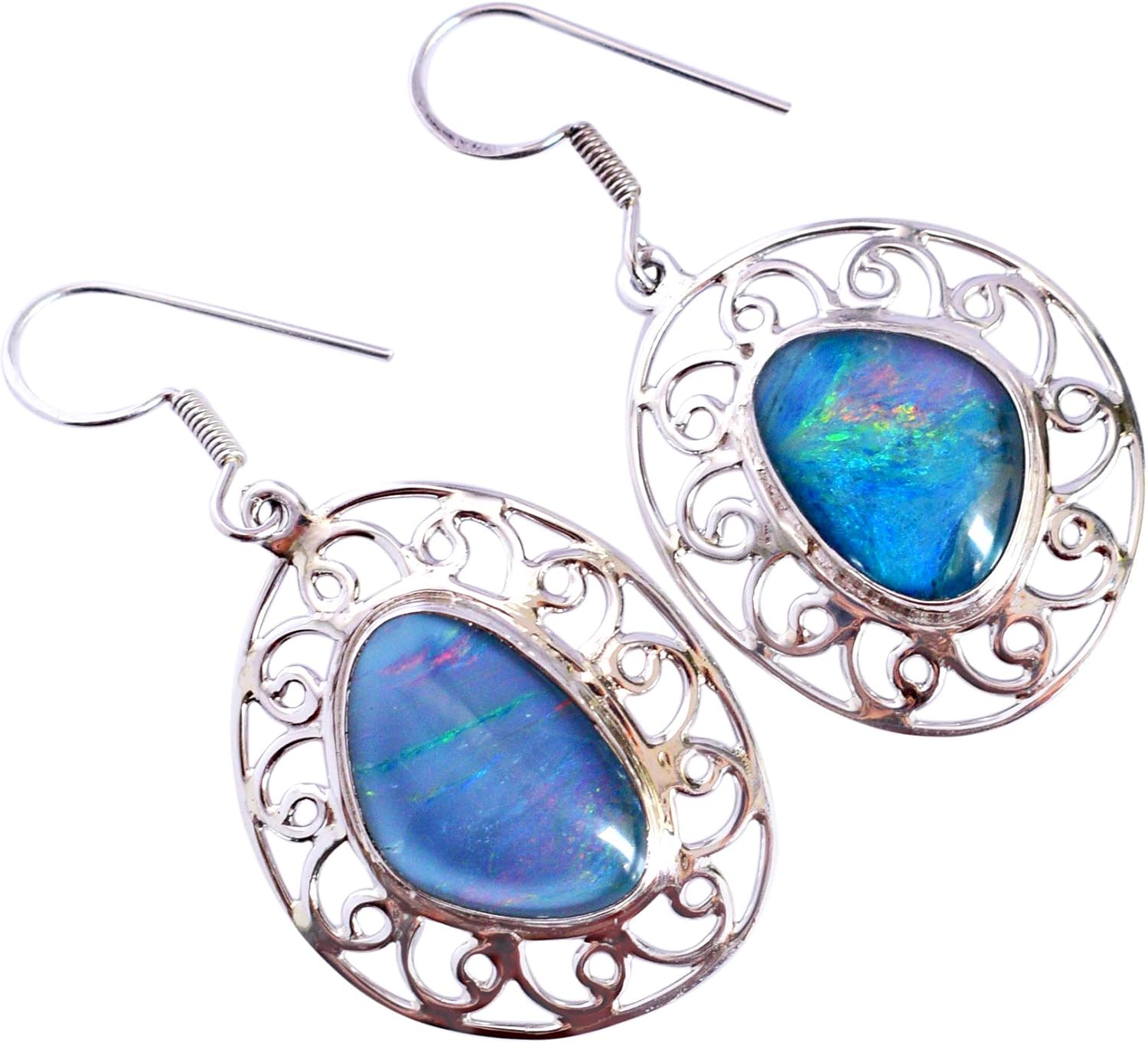 Natural Triplet Fire Opal Earrings in 925 Sterling Silver – Multicolor Fancy Cabochon Gemstone Jewelry, White Rhodium Plated Handmade Drop Dangle with Ear Wire Clasp, 7.8g Lightweight Gift