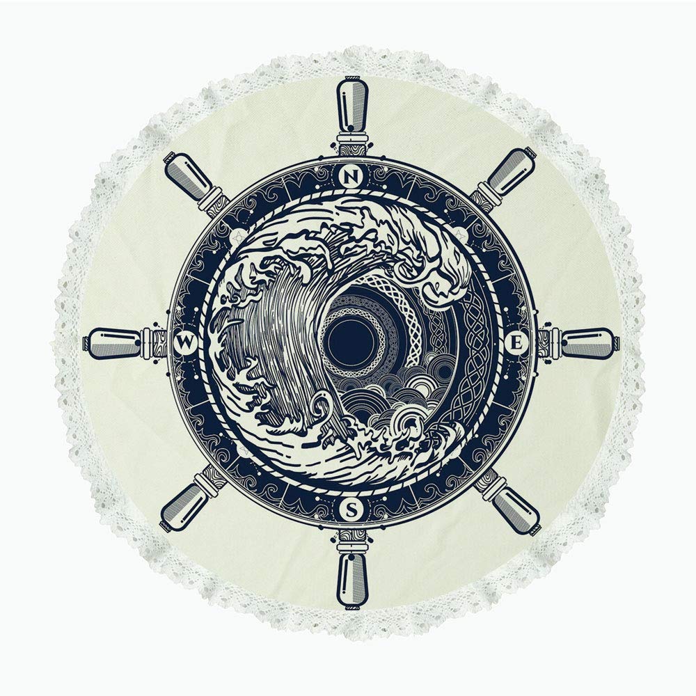 iPrint 60" Round Polyester Linen Tablecloth,Adventure,Sea Compass and Storm Tattoo Design in Celtic Style Tsunami Waves and Wheel Decorative,Dark Blue White,for Dinner Kitchen Home Decor
