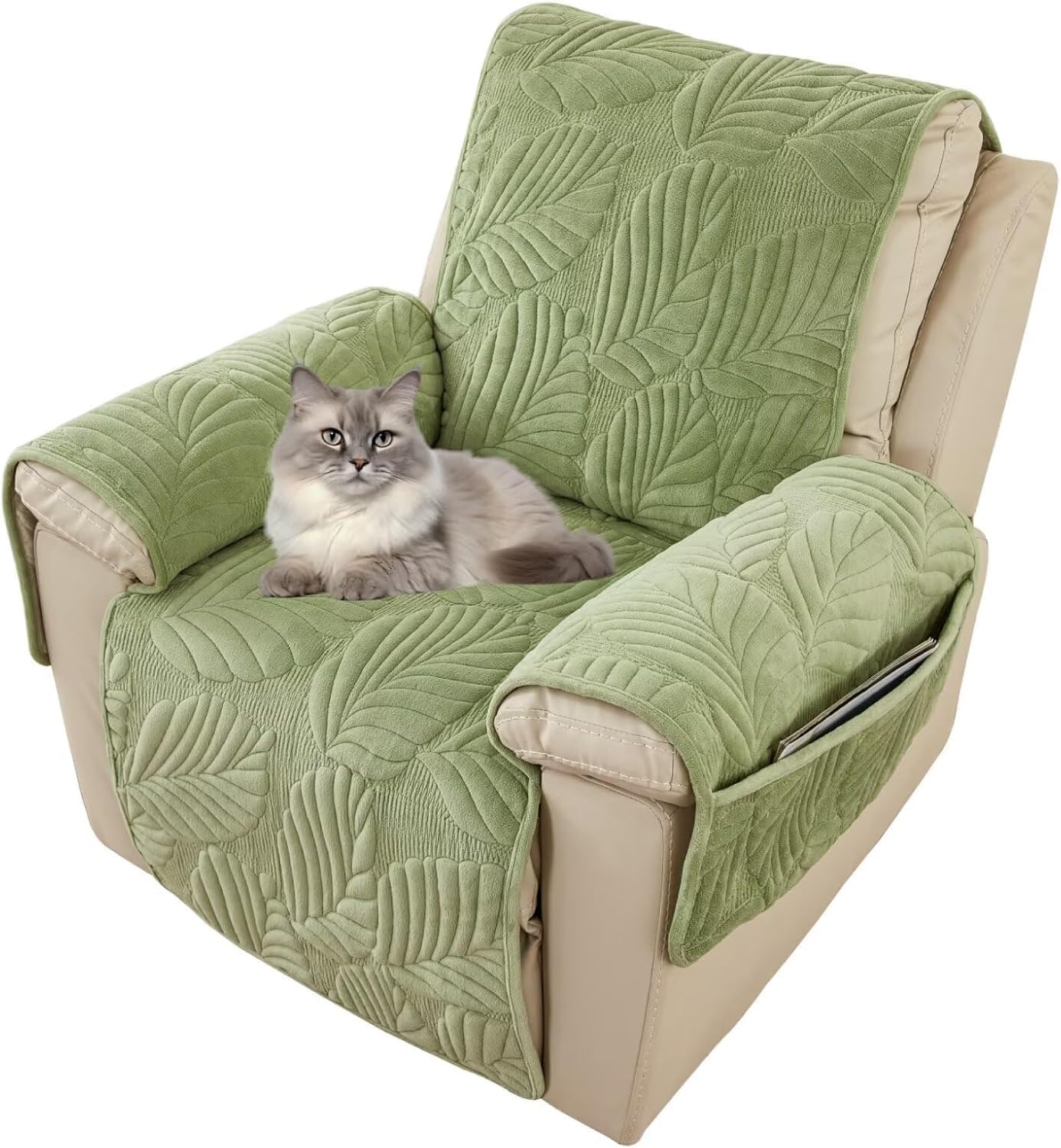 Soft Waterproof Recliner Chair Covers for Kids & Pets - Anti-Slip, Elastic Straps, Sage - Microfiber Velvet with Side Pocket, Stay in Place Sage Green 1 Side Pocket
