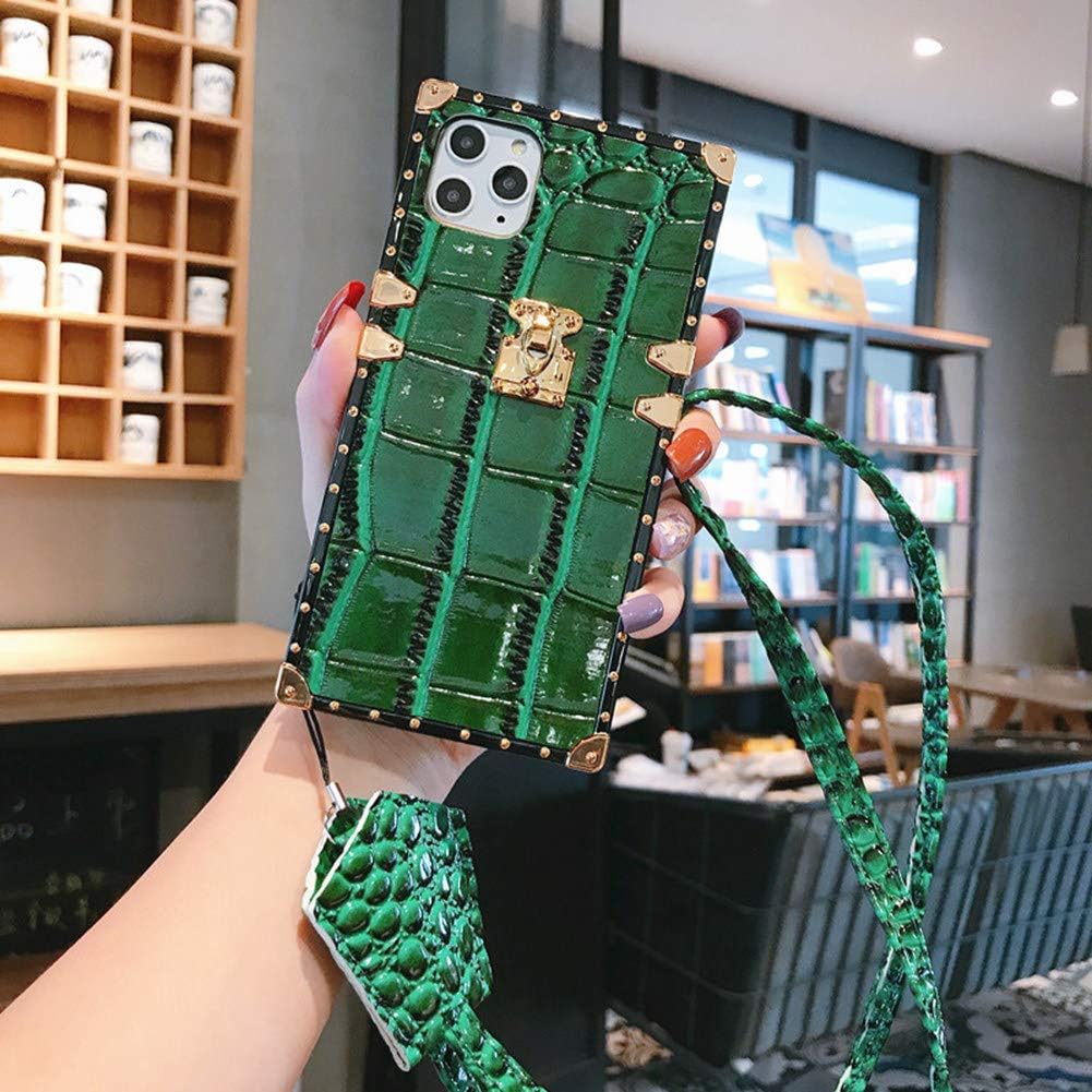 YonMeet Square Leather Case for iPhone Xs Max with Strap Luxury Crocodile Skin Vintage Chic Stylish Cover Slim Flexible Shockproof Trunk Back Shell (Green, iPhone Xs Max)