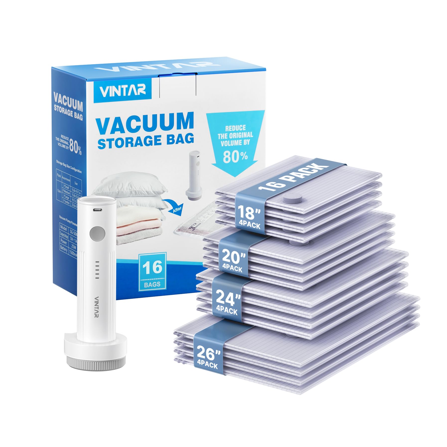 Sacchetti sottovuoto per vestiti e viaggi, VINTAR, set da 16 sacchetti sottovuoto con pompe wireless ricaricabili (4 Jumbo + 4 grandi + 4 medi + 4 piccole) per bagagli da viaggio e organizzazione di