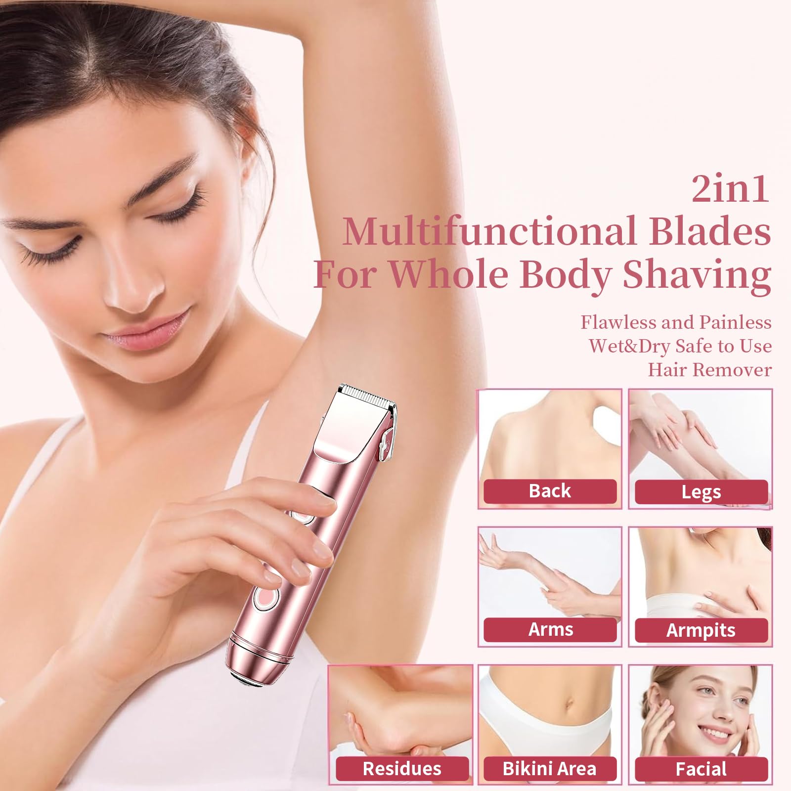 2 in 1 Rasoir Electrique Femme, Tondeuse Intime & Visage, Étanche IPX7 Humide/Sec, avec Écran LED et Lames Hypoallergéniques pour Zones Sensibles, Précise et Sans Irritation (Rose)