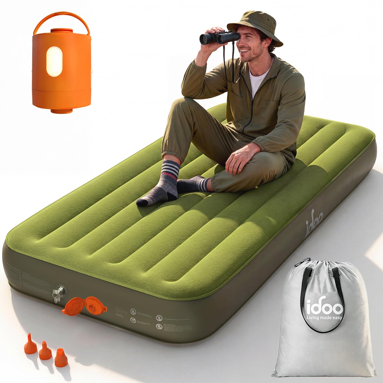 iDOO Single XL Camping Bed, Inflatable Air Mattress with Rechargeable Cordless Pump, Blow Up Mattress Self Inflating in 1.5 Mins, No Outlet Needed for Outdoor, Tent, LED Light, USB Charging inclued — image 1