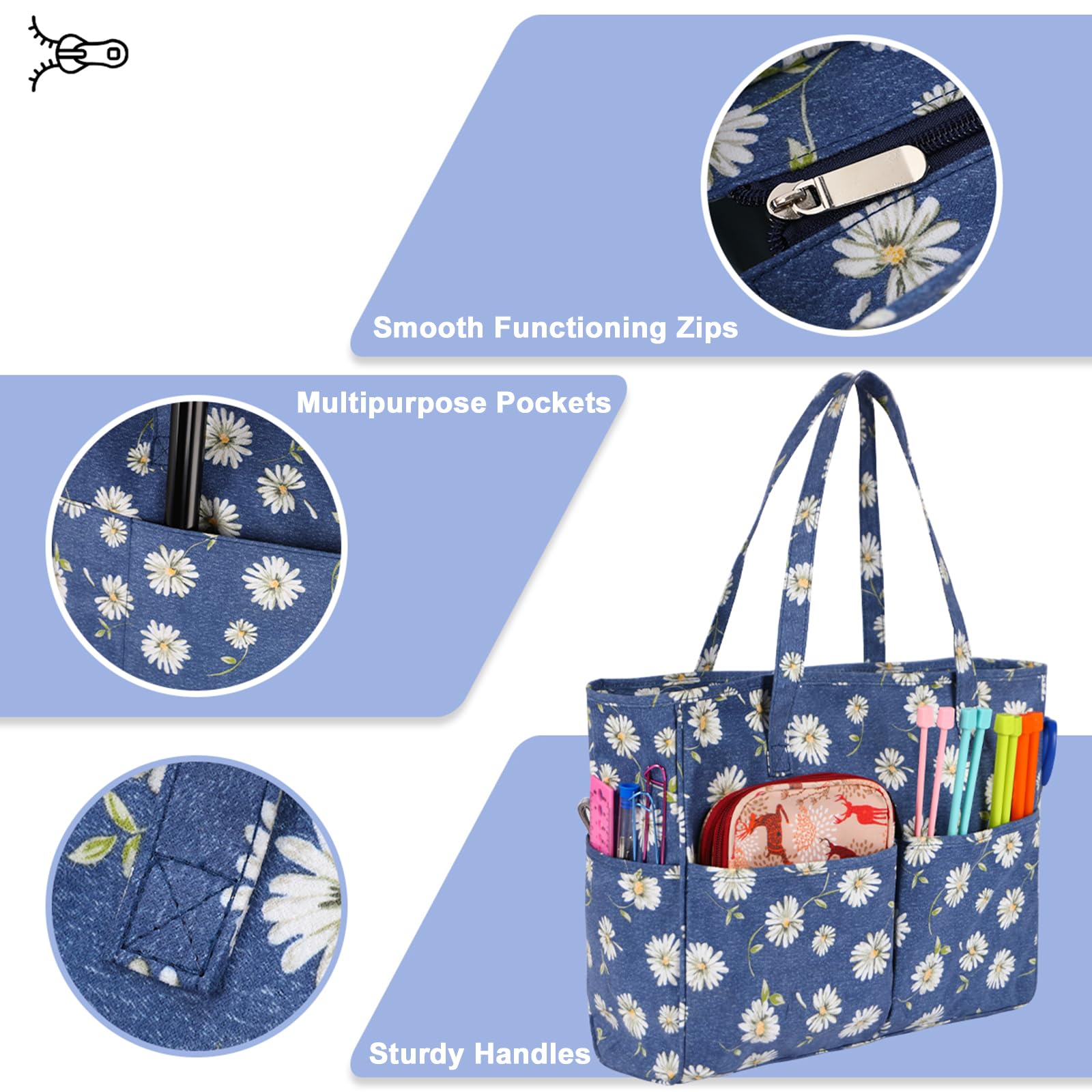 Coopay Wolle Tasche für Garn Basteltasche, Tragbare Stricktasche mit Großer Kapazität, Blumen Reise Handarbeitstasche für Garnbällen, Häkelnadeln, Stricknadeln, Kreuzstich und Nähzubehör, Oxford-Stoff